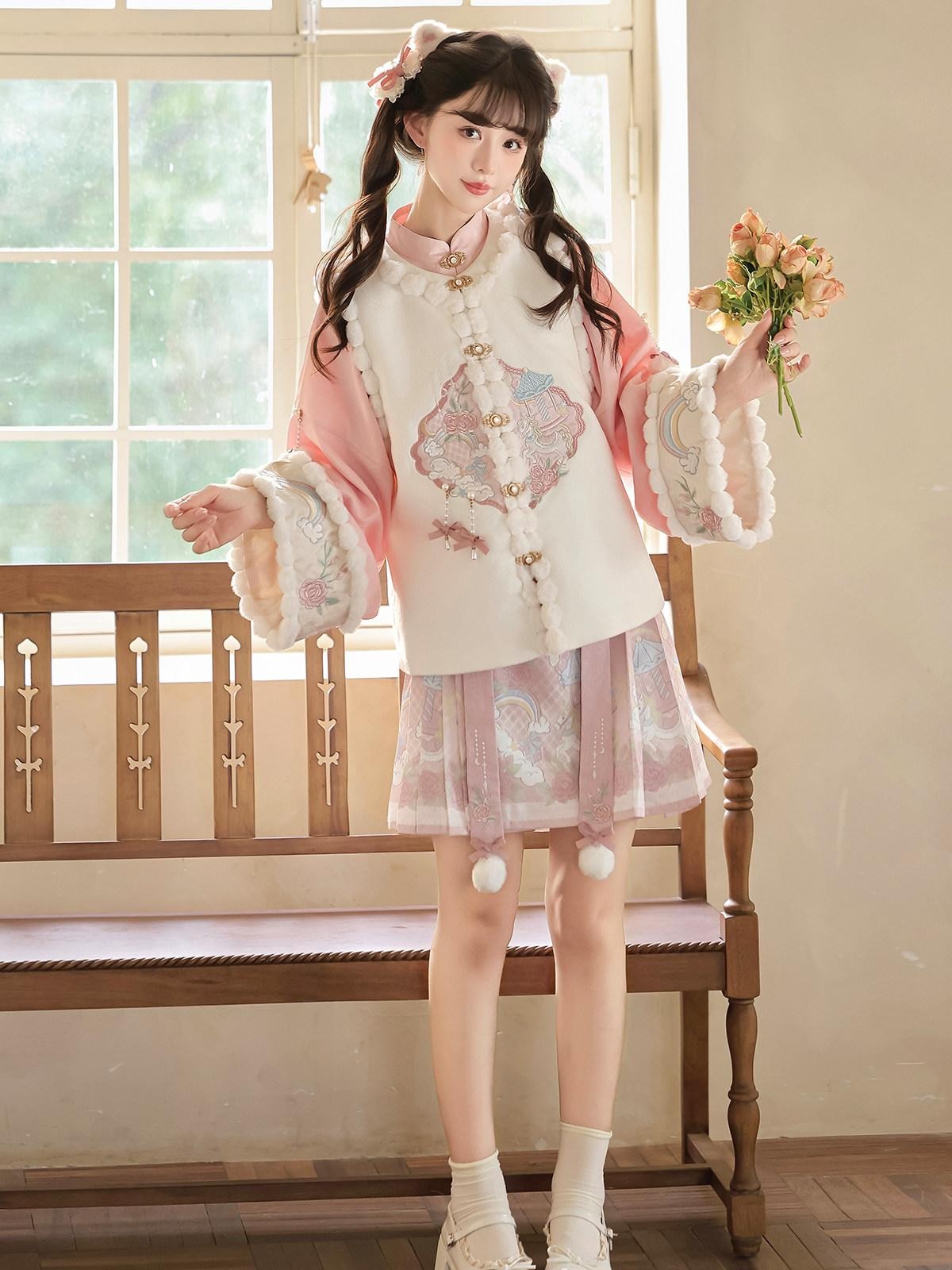 Sweet Promise Pink Chinese Lolita Mamian Aline Stand Collar Women's Skirt Sets