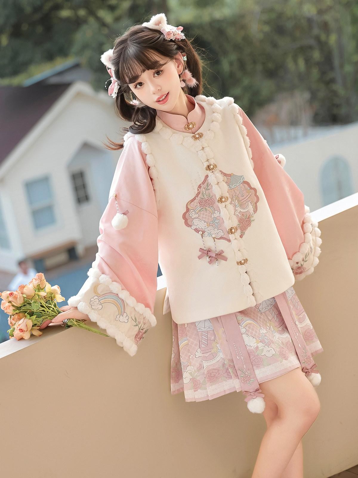 Sweet Promise Pink Chinese Lolita Mamian Aline Stand Collar Women's Skirt Sets
