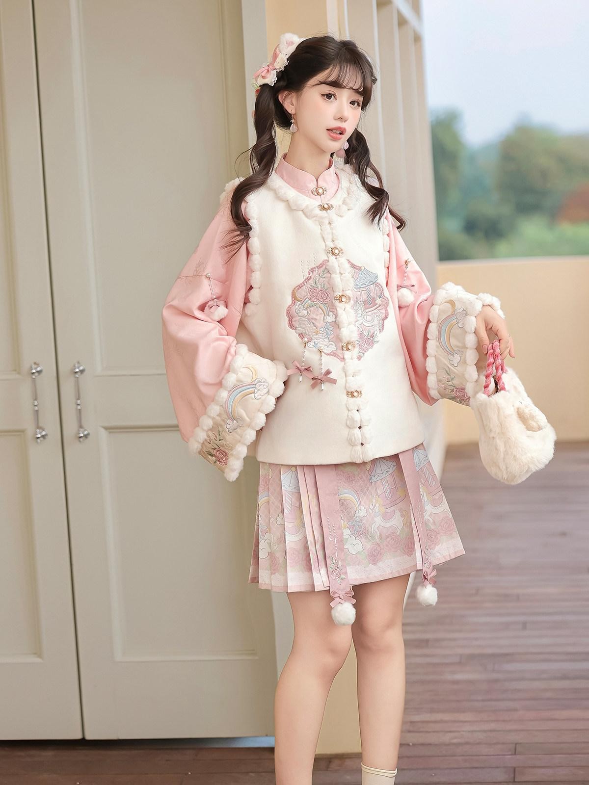 Sweet Promise Pink Chinese Lolita Mamian Aline Stand Collar Women's Skirt Sets