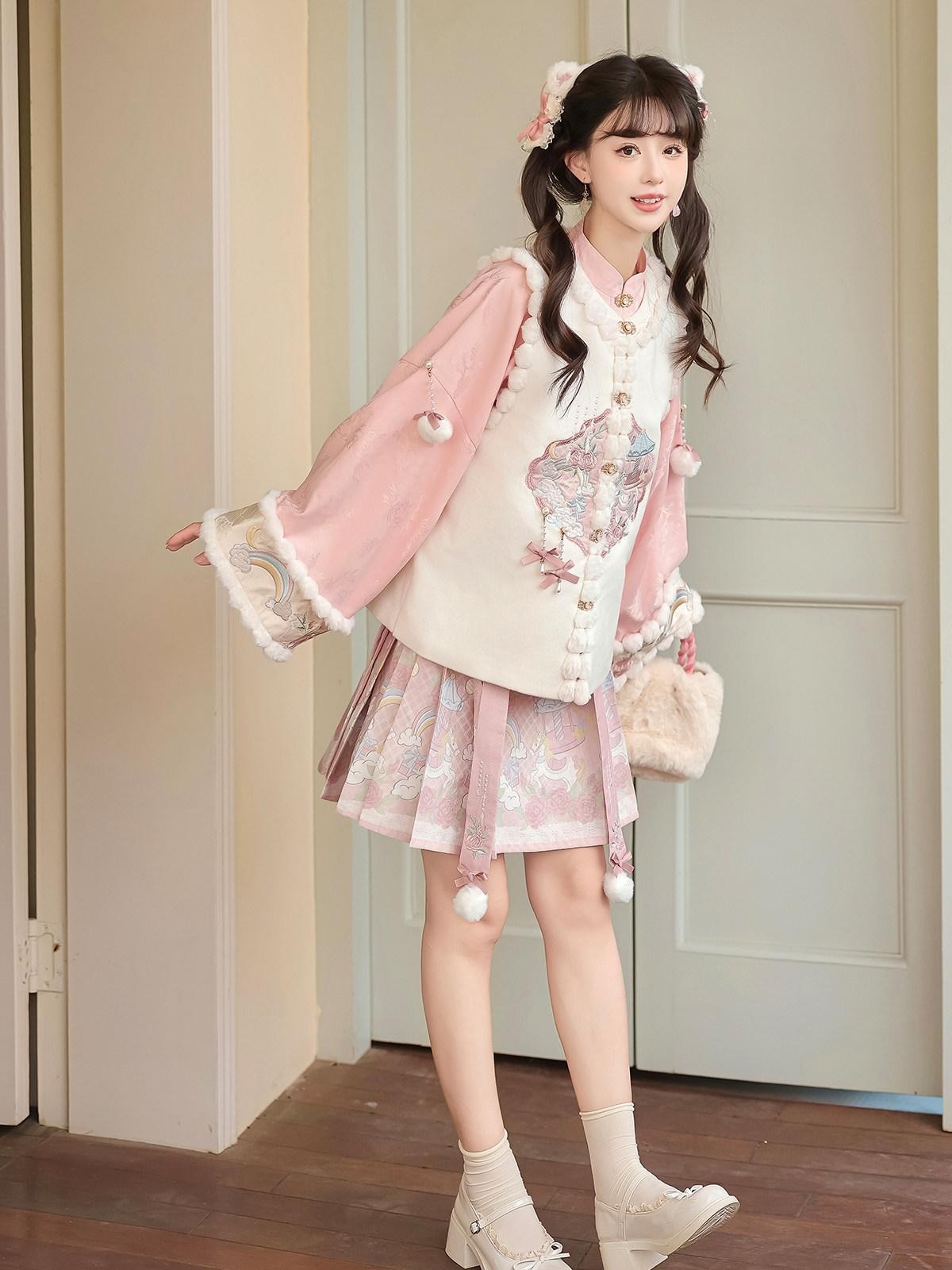 Sweet Promise Pink Chinese Lolita Mamian Aline Stand Collar Women's Skirt Sets