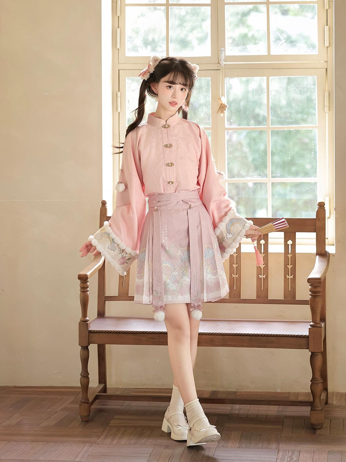 Sweet Promise Pink Chinese Lolita Mamian Aline Stand Collar Women's Skirt Sets