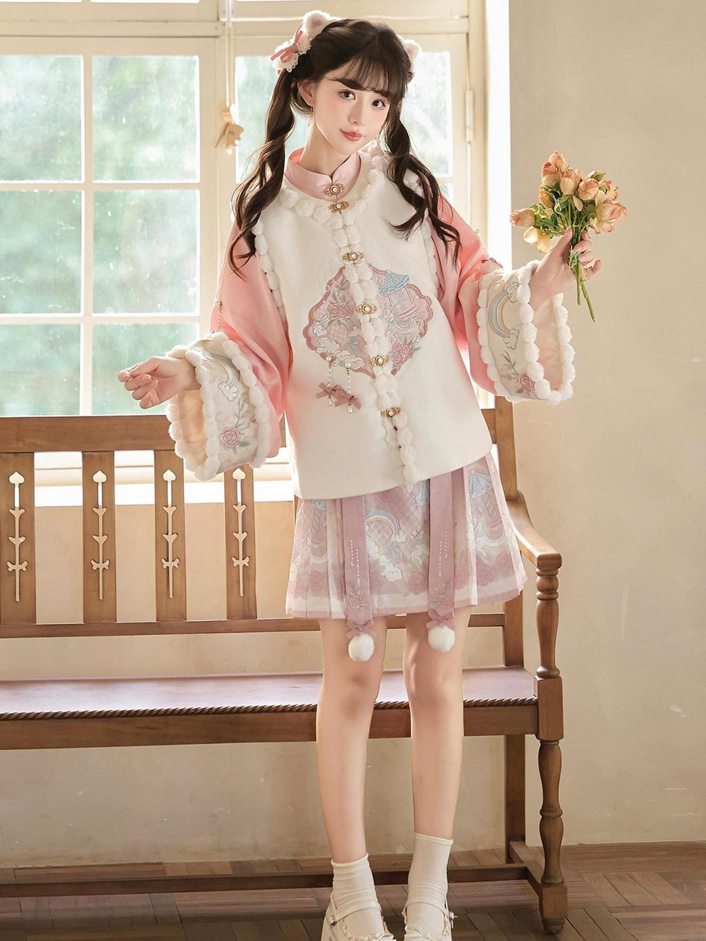 Sweet Promise Pink Chinese Lolita Mamian Aline Stand Collar Women's Skirt Sets