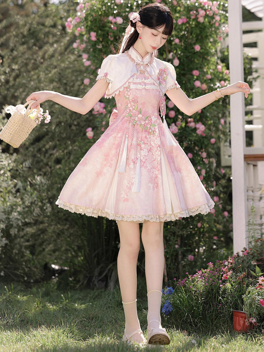 Sweet Promise Pink Chinese Lolita Princess Stand Collar Women's Jsk / Jumper Skirts