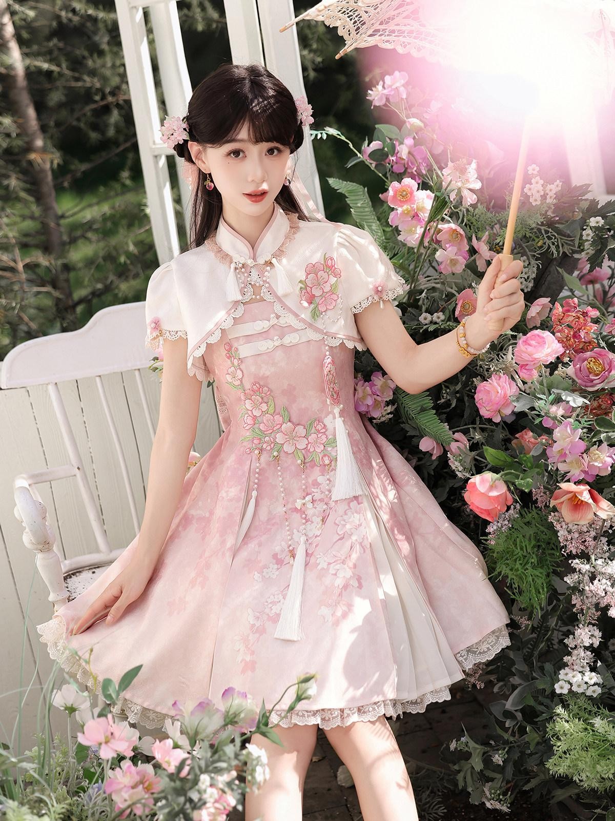 Sweet Promise Pink Chinese Lolita Princess Stand Collar Women's Jsk / Jumper Skirts