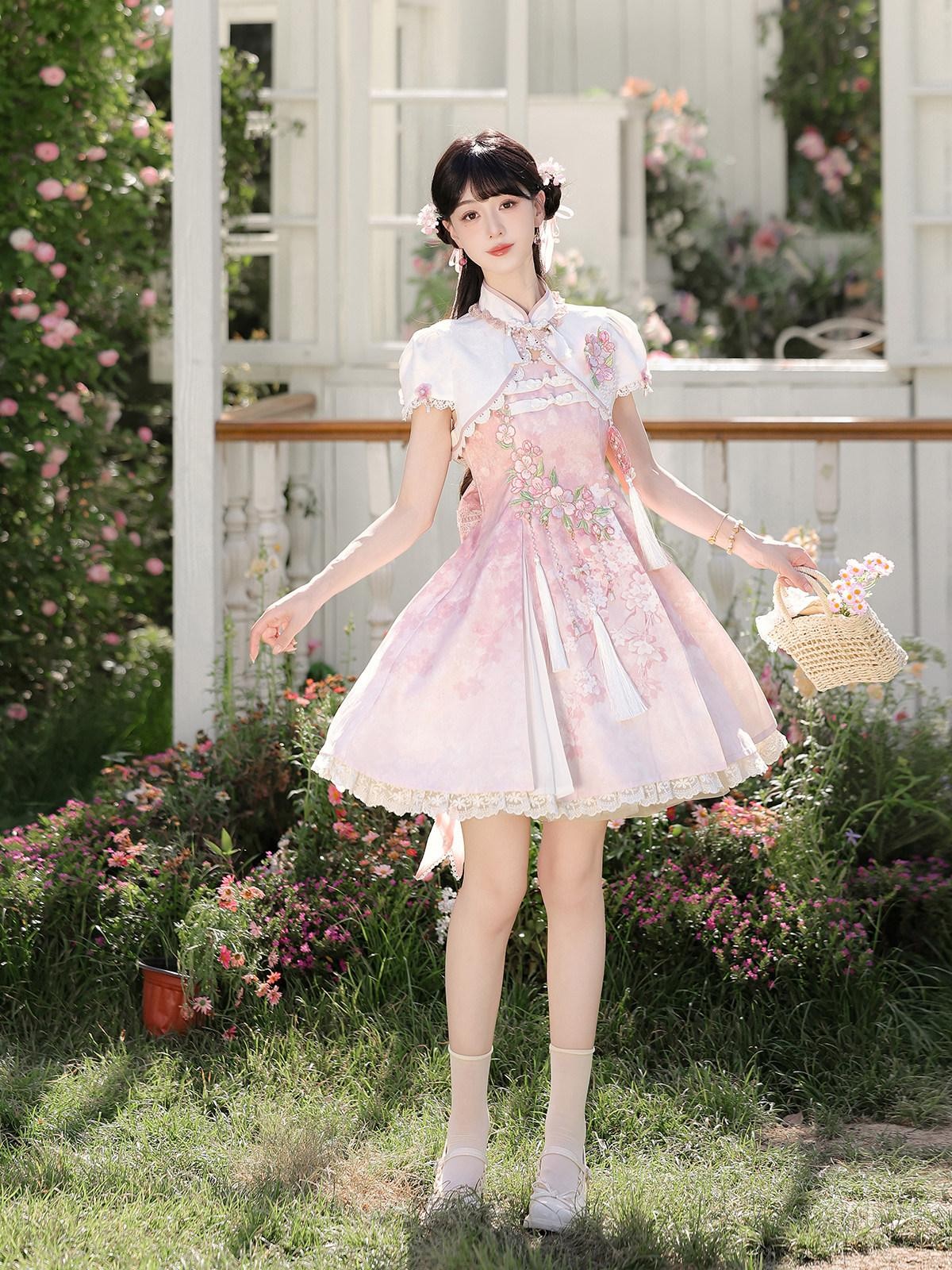 Sweet Promise Pink Chinese Lolita Princess Stand Collar Women's Jsk / Jumper Skirts