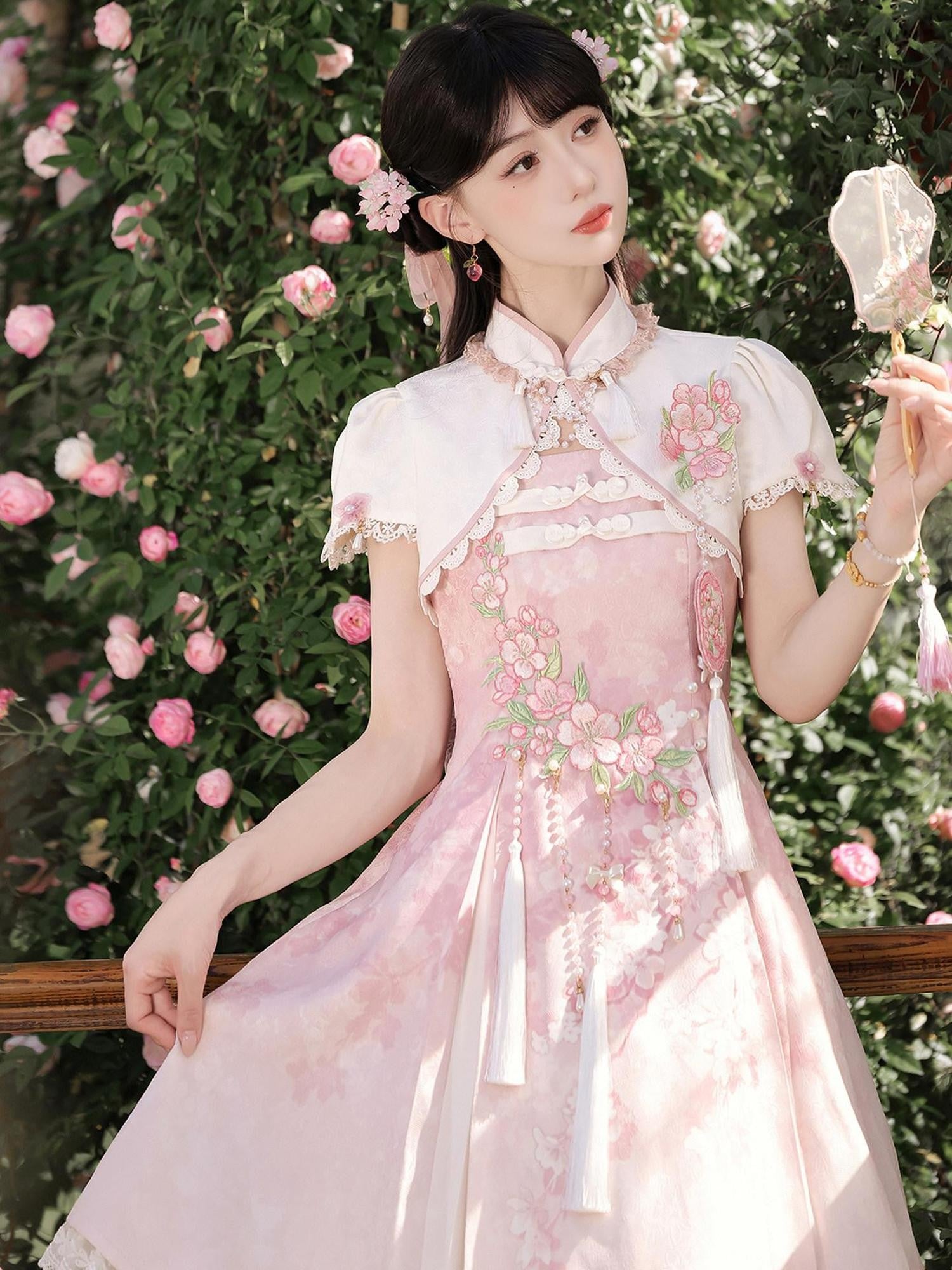 Sweet Promise Pink Chinese Lolita Princess Stand Collar Women's Jsk / Jumper Skirts
