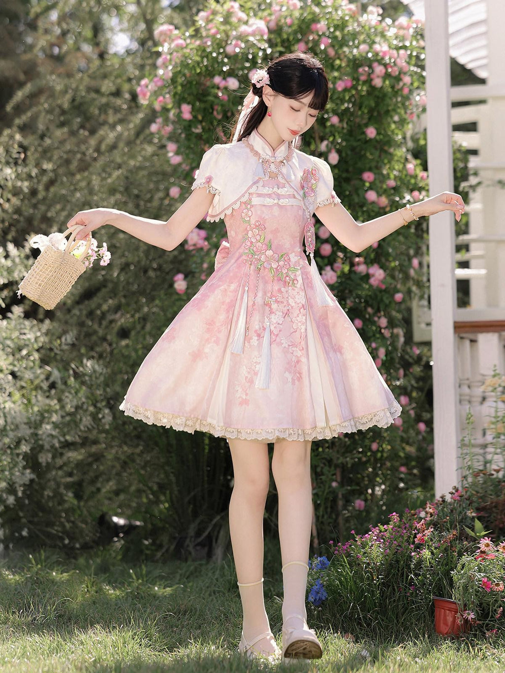 Sweet Promise Pink Chinese Lolita Princess Stand Collar Women's Jsk / Jumper Skirts