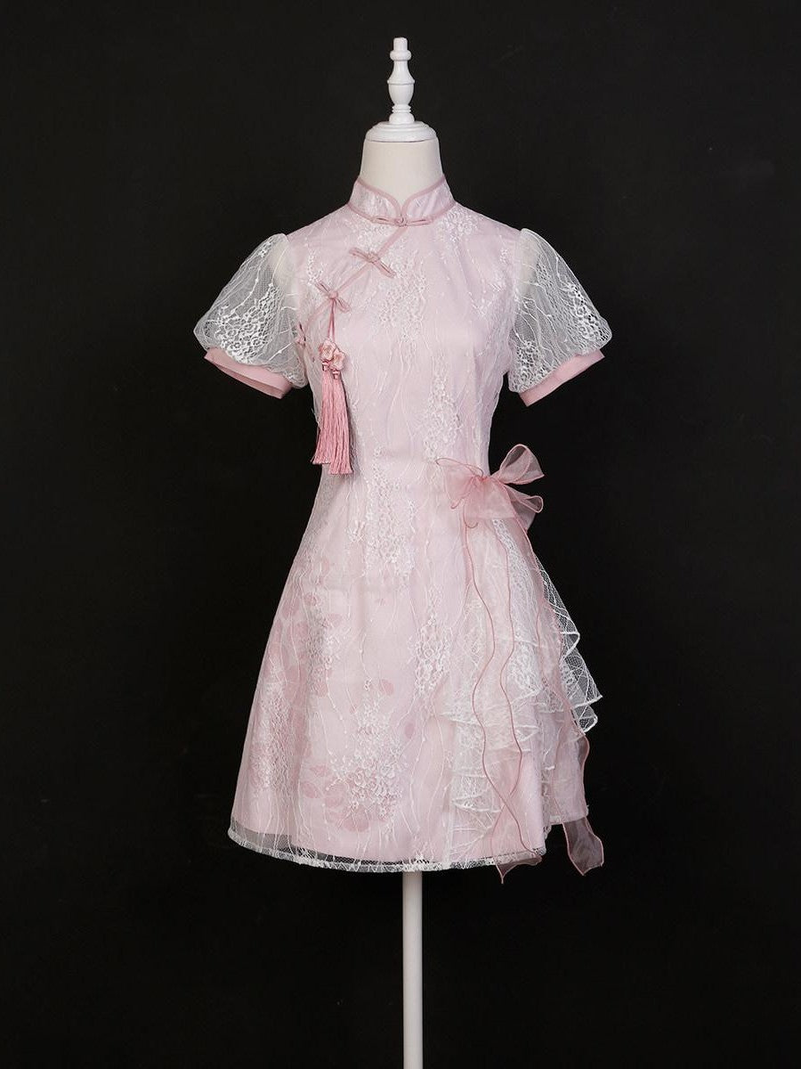 Sweet Promise Pink Lace A Line High Waist Round Neck Lolita Women's Polyester Short Sleeve Op