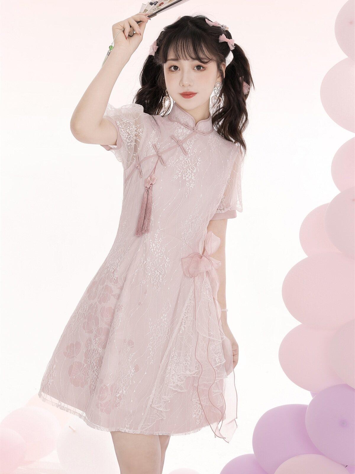 Sweet Promise Pink Lace A Line High Waist Round Neck Lolita Women's Polyester Short Sleeve Op