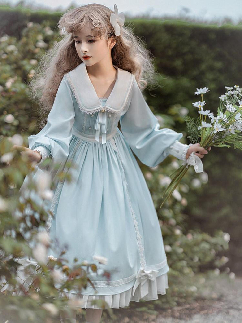 Sweet Promise Pink Lolita Patchwork Doll Collar High Waist A Line Women's Long Sleeve Op