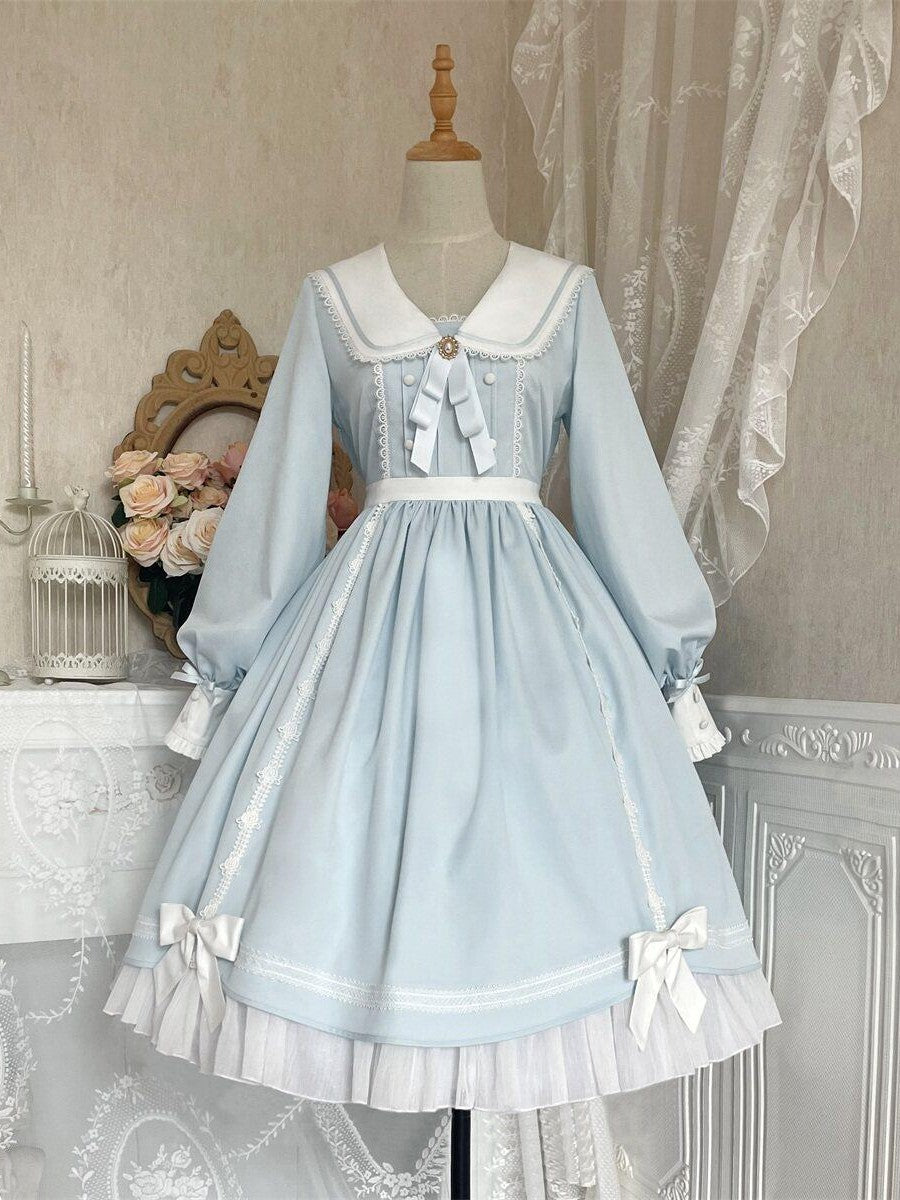 Sweet Promise Pink Lolita Patchwork Doll Collar High Waist A Line Women's Long Sleeve Op