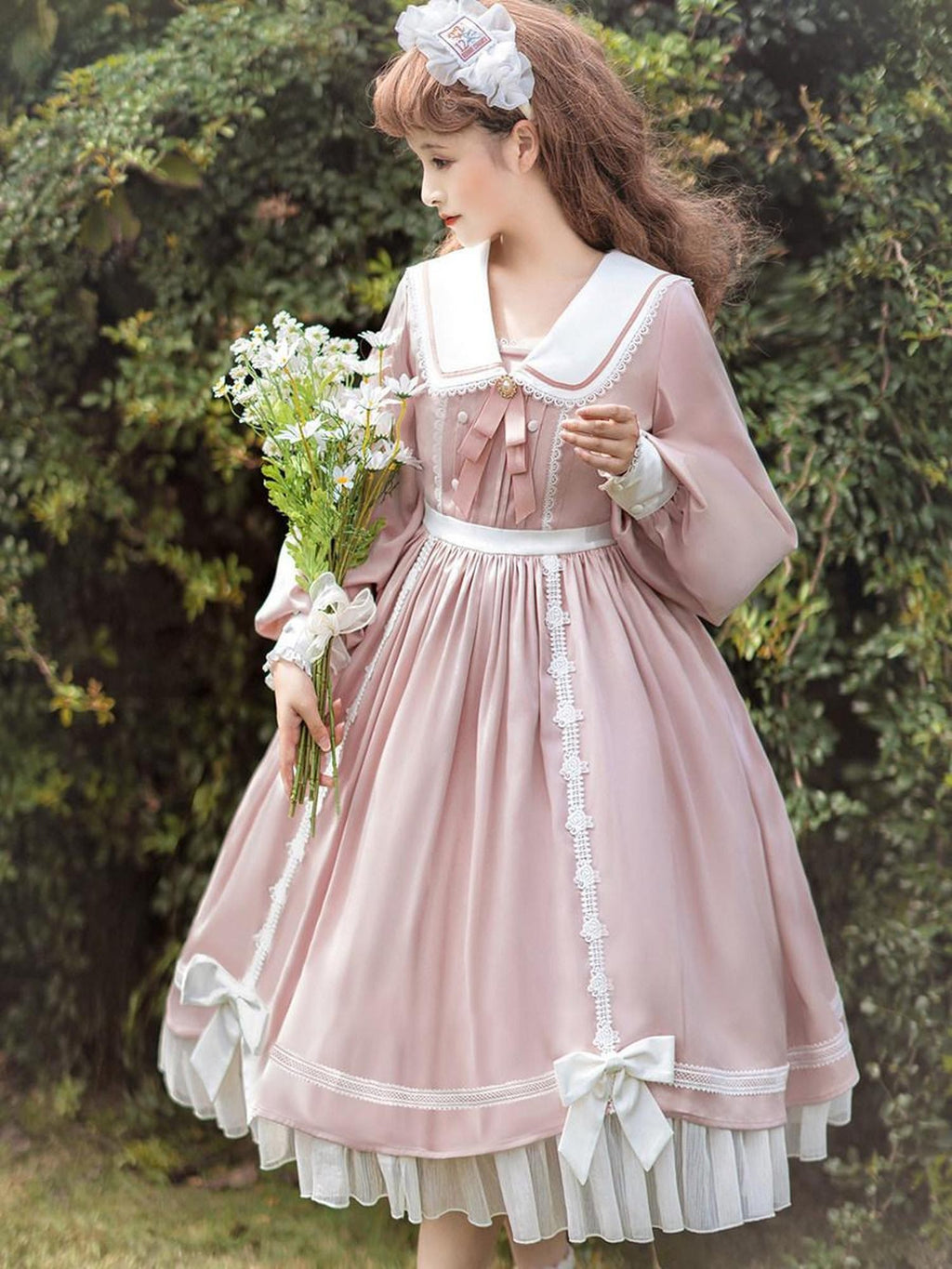 Sweet Promise Pink Lolita Patchwork Doll Collar High Waist A Line Women's Long Sleeve Op
