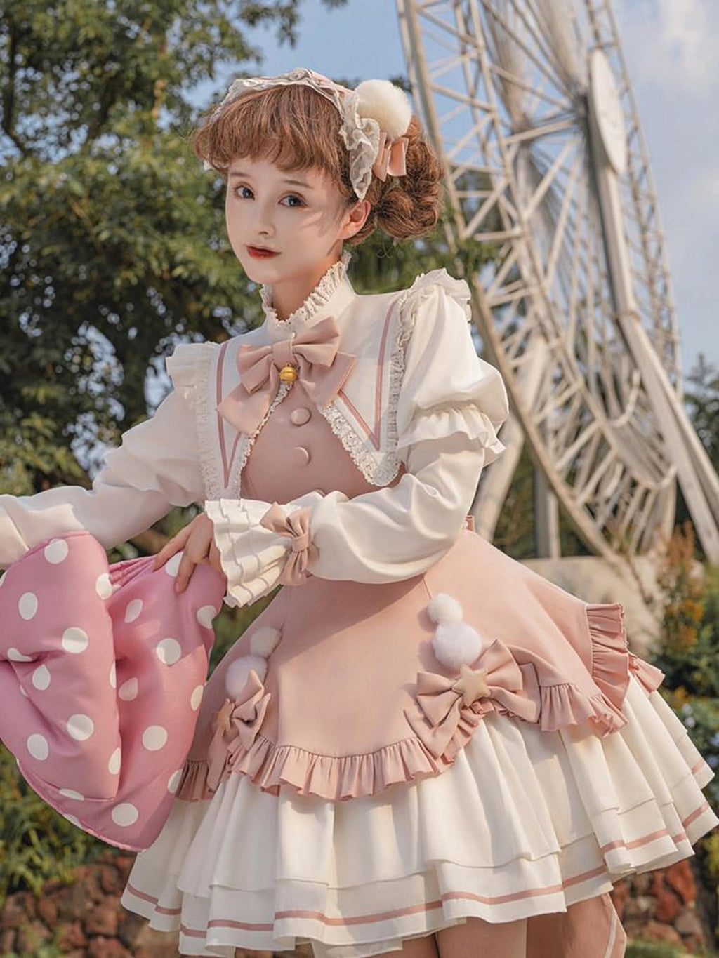 Sweet Promise Pink Lolita Patchwork Doll Collar High Waist Women's Polyester Long Sleeve Op