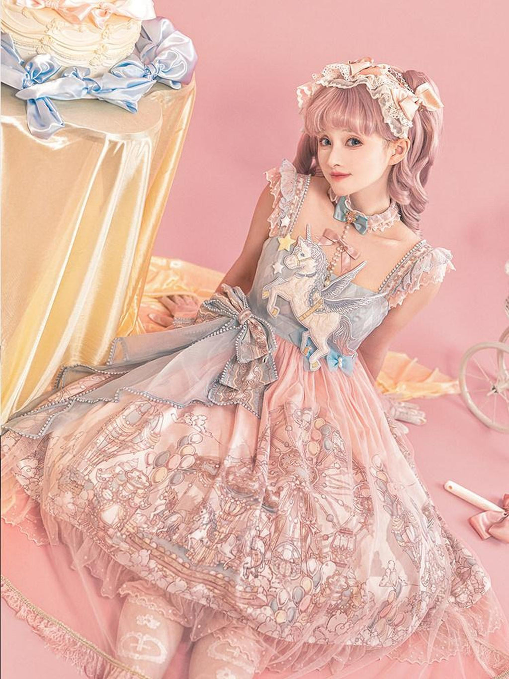 Sweet Promise Pink Lolita Princess Square Collar A Line Bow Neck Women's Jsk / Jumper Skirts