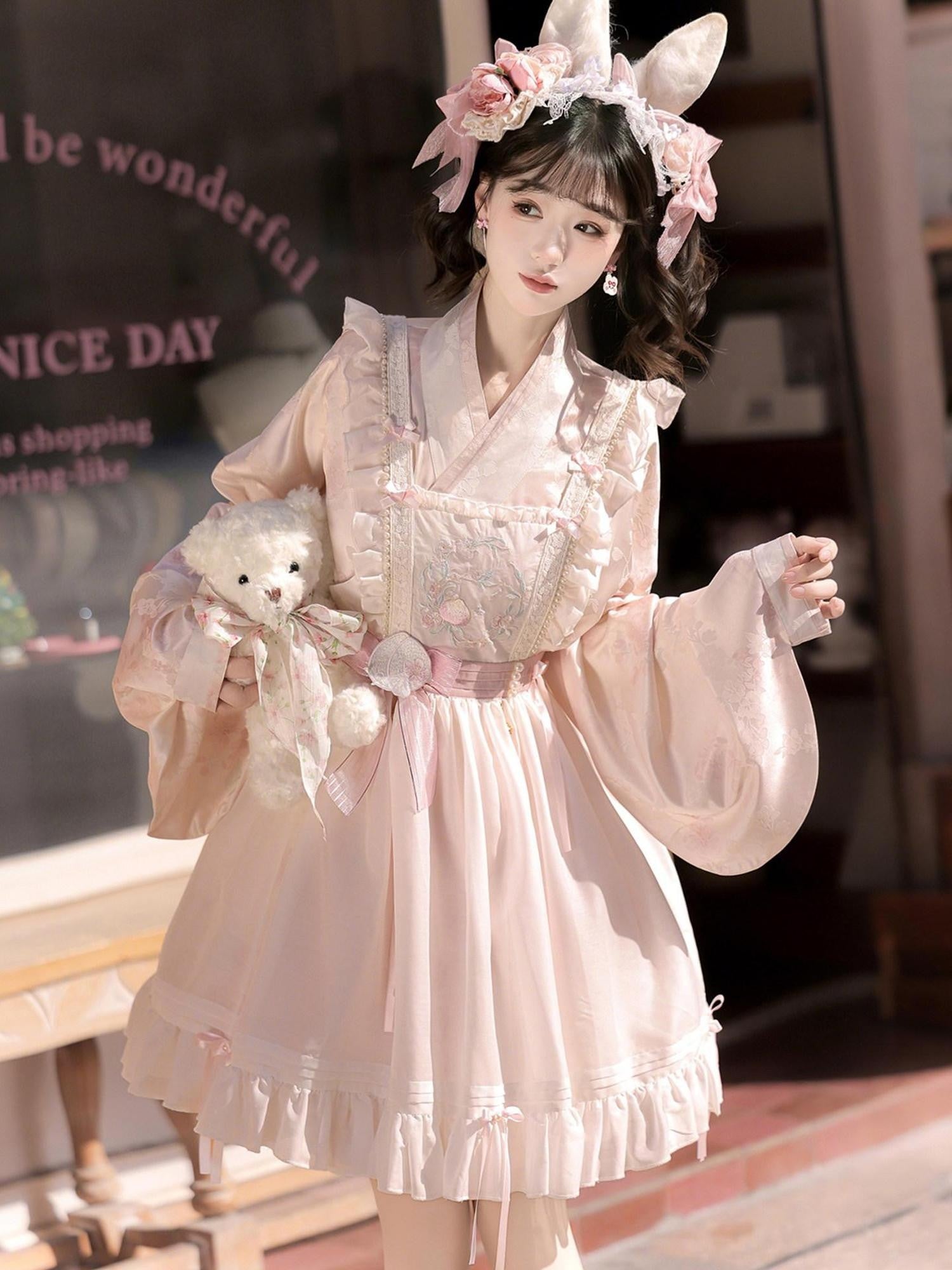 Sweet Promise Pink Lolita V-neck Three Piece Princess Dress Women's Long Sleeve Op