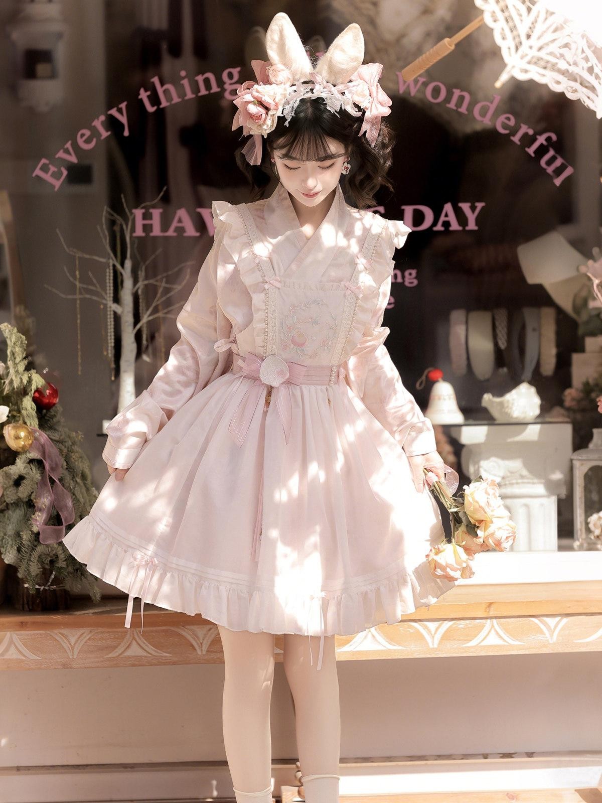 Sweet Promise Pink Lolita V-neck Three Piece Princess Dress Women's Long Sleeve Op
