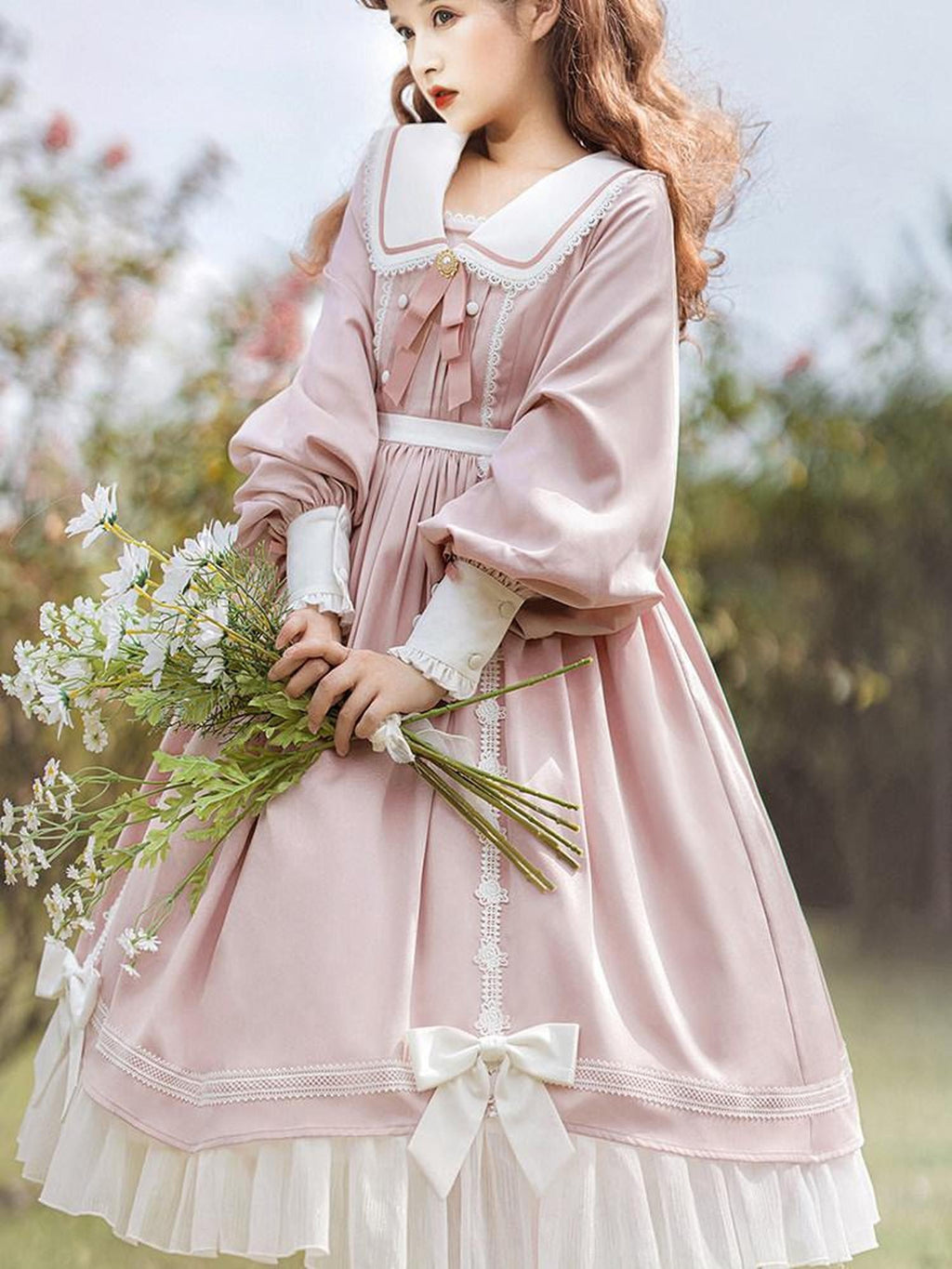 Sweet Promise Pink Princess A Line Bow Round Neck Button Women's Polyester Long Sleeve Op