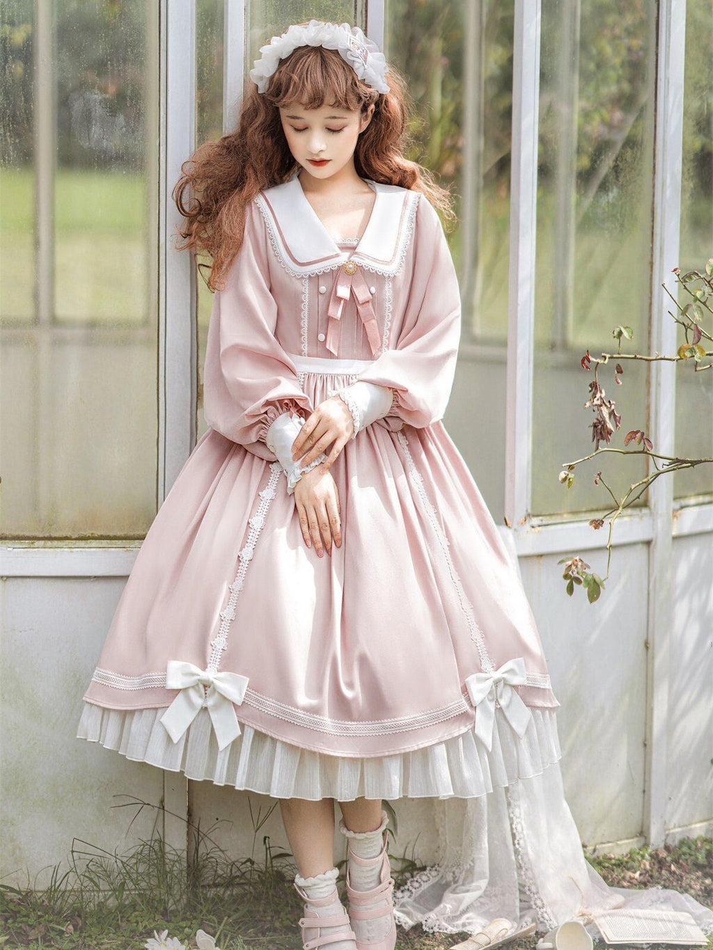 Sweet Promise Pink Princess A Line Bow Round Neck Button Women's Polyester Long Sleeve Op