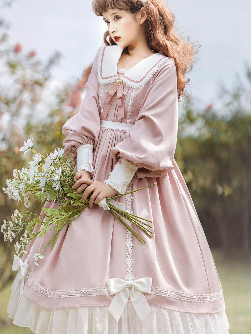 Sweet Promise Pink Princess A Line Bow Round Neck Button Women's Polyester Long Sleeve Op