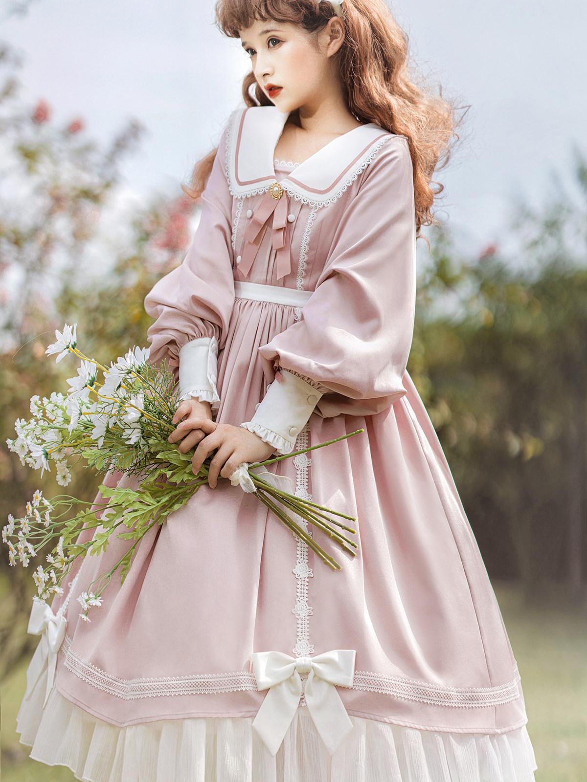Sweet Promise Pink Princess A Line Bow Round Neck Button Women's Polyester Long Sleeve Op