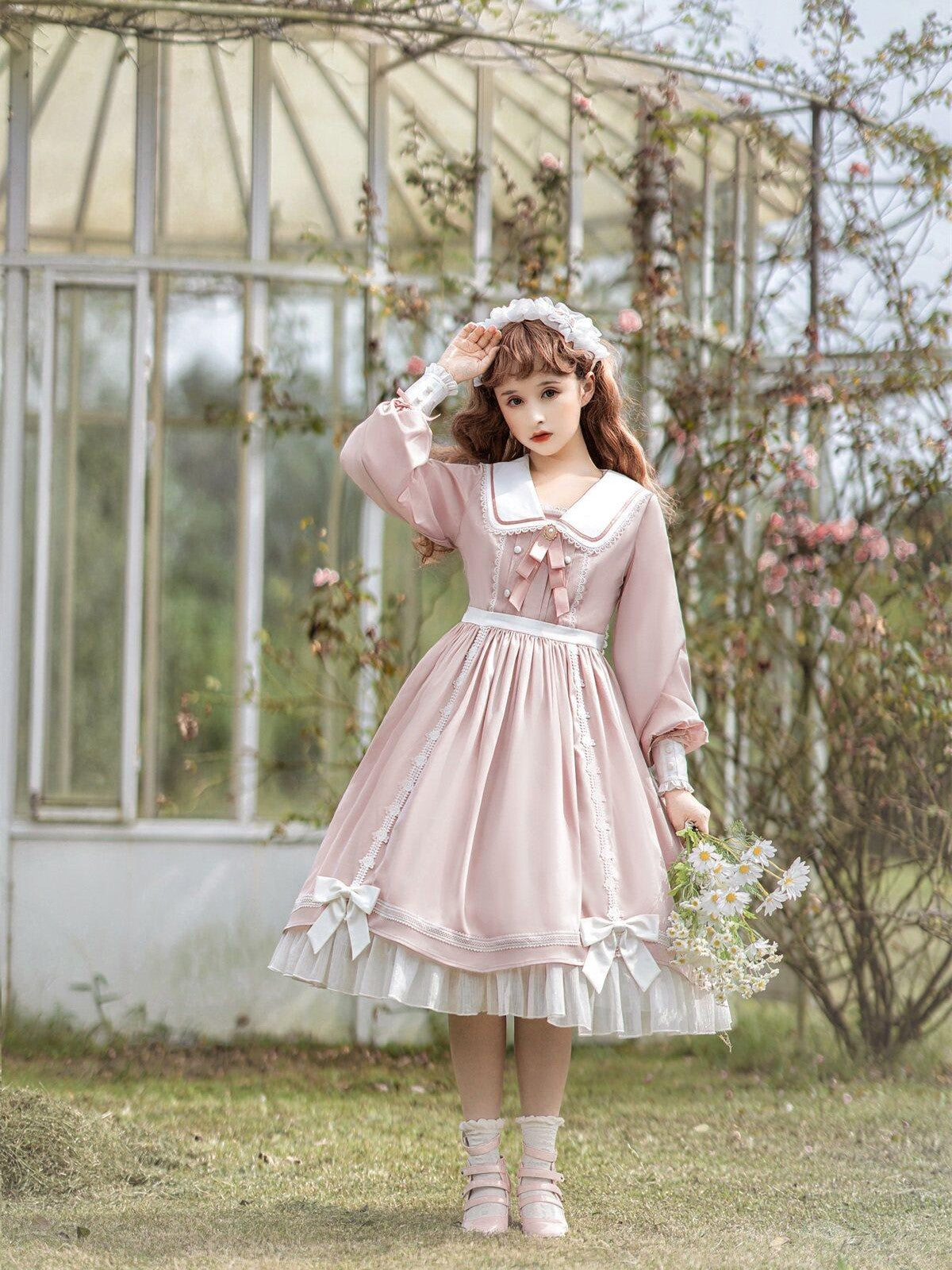 Sweet Promise Pink Princess A Line Bow Round Neck Button Women's Polyester Long Sleeve Op