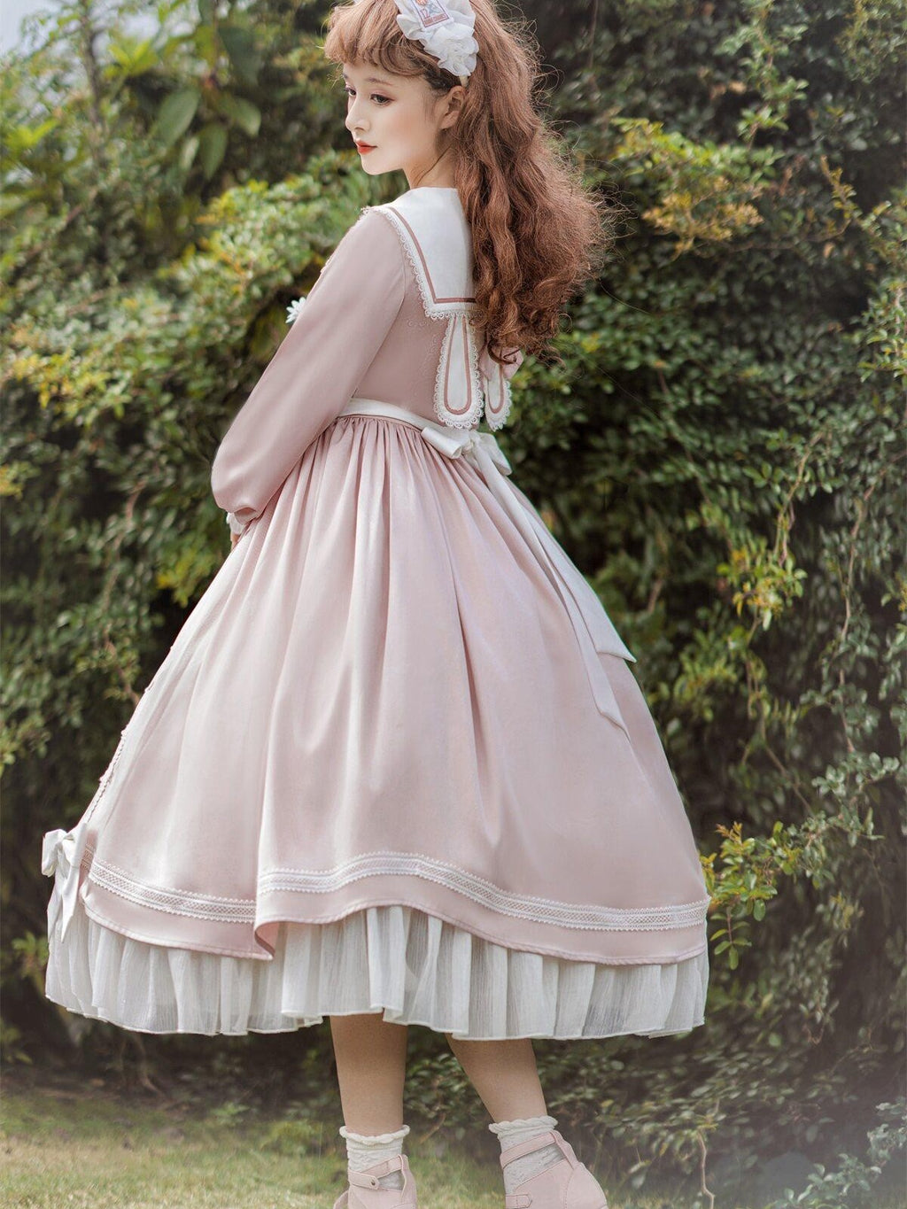 Sweet Promise Pink Princess A Line Bow Round Neck Button Women's Polyester Long Sleeve Op