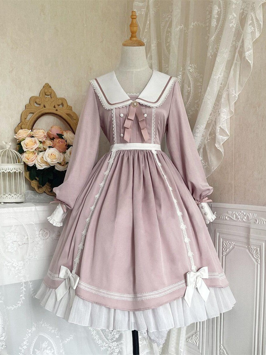 Sweet Promise Pink Princess A Line Bow Round Neck Button Women's Polyester Long Sleeve Op