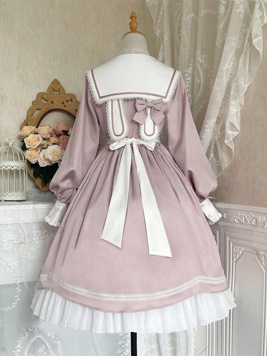 Sweet Promise Pink Princess A Line Bow Round Neck Button Women's Polyester Long Sleeve Op