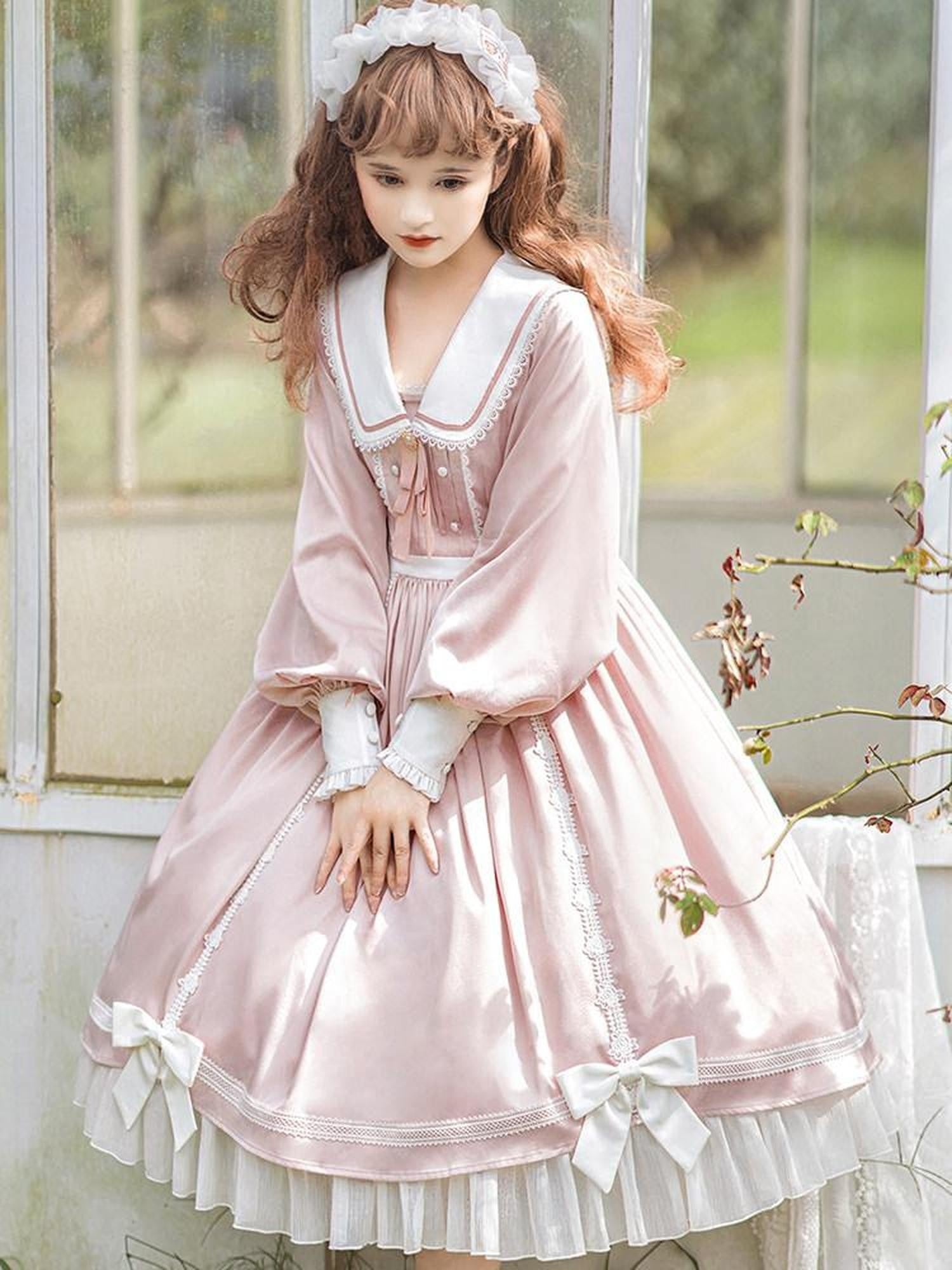Sweet Promise Pink Princess A Line Bow Round Neck Button Women's Polyester Long Sleeve Op