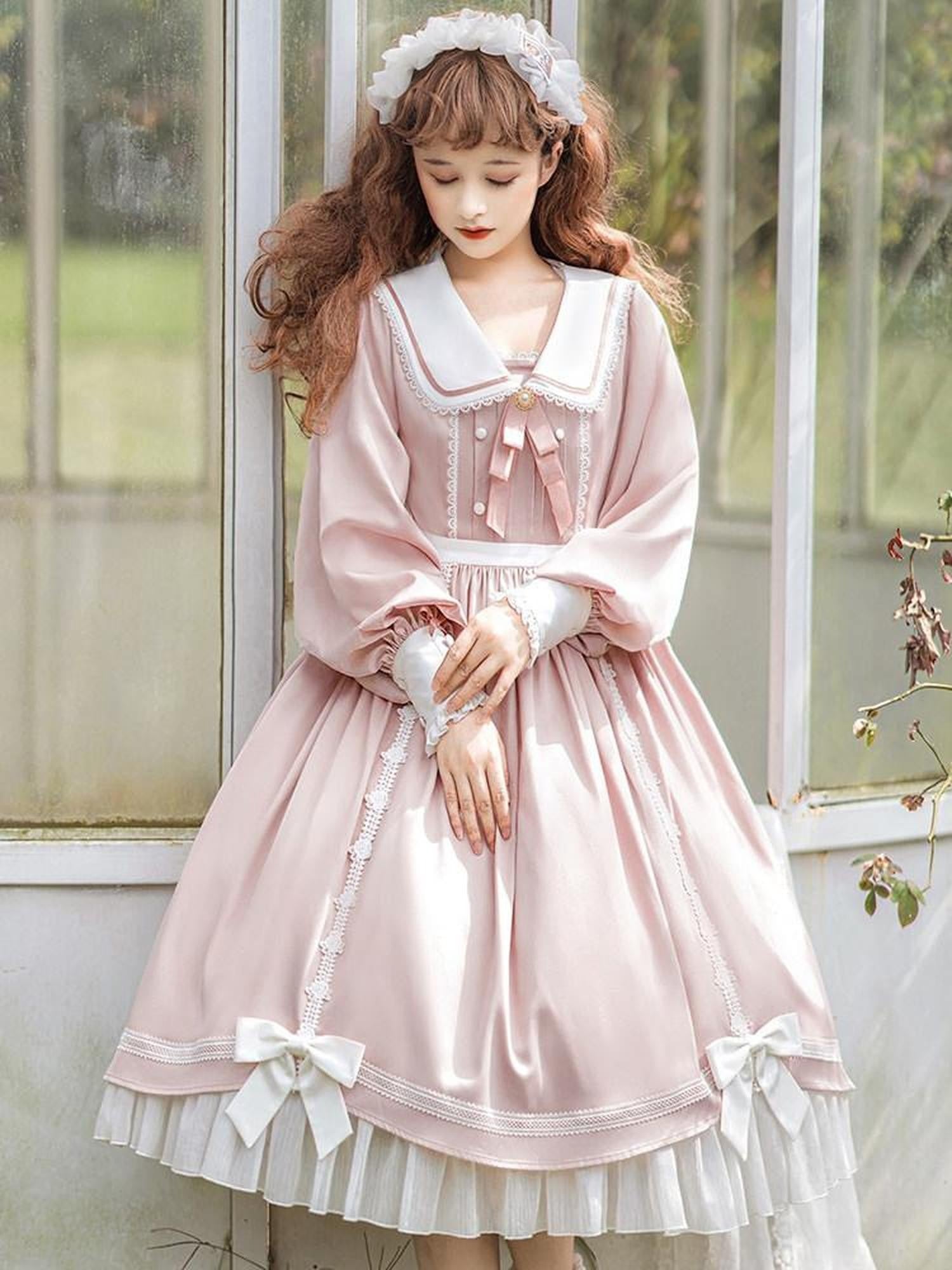 Sweet Promise Pink Princess A Line Bow Round Neck Button Women's Polyester Long Sleeve Op