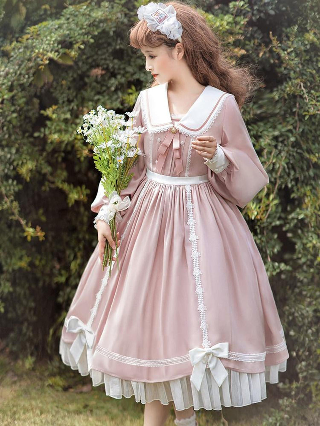 Sweet Promise Pink Princess A Line Bow Round Neck Button Women's Polyester Long Sleeve Op