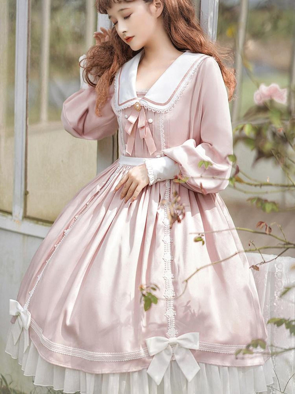 Sweet Promise Pink Princess A Line Bow Round Neck Button Women's Polyester Long Sleeve Op