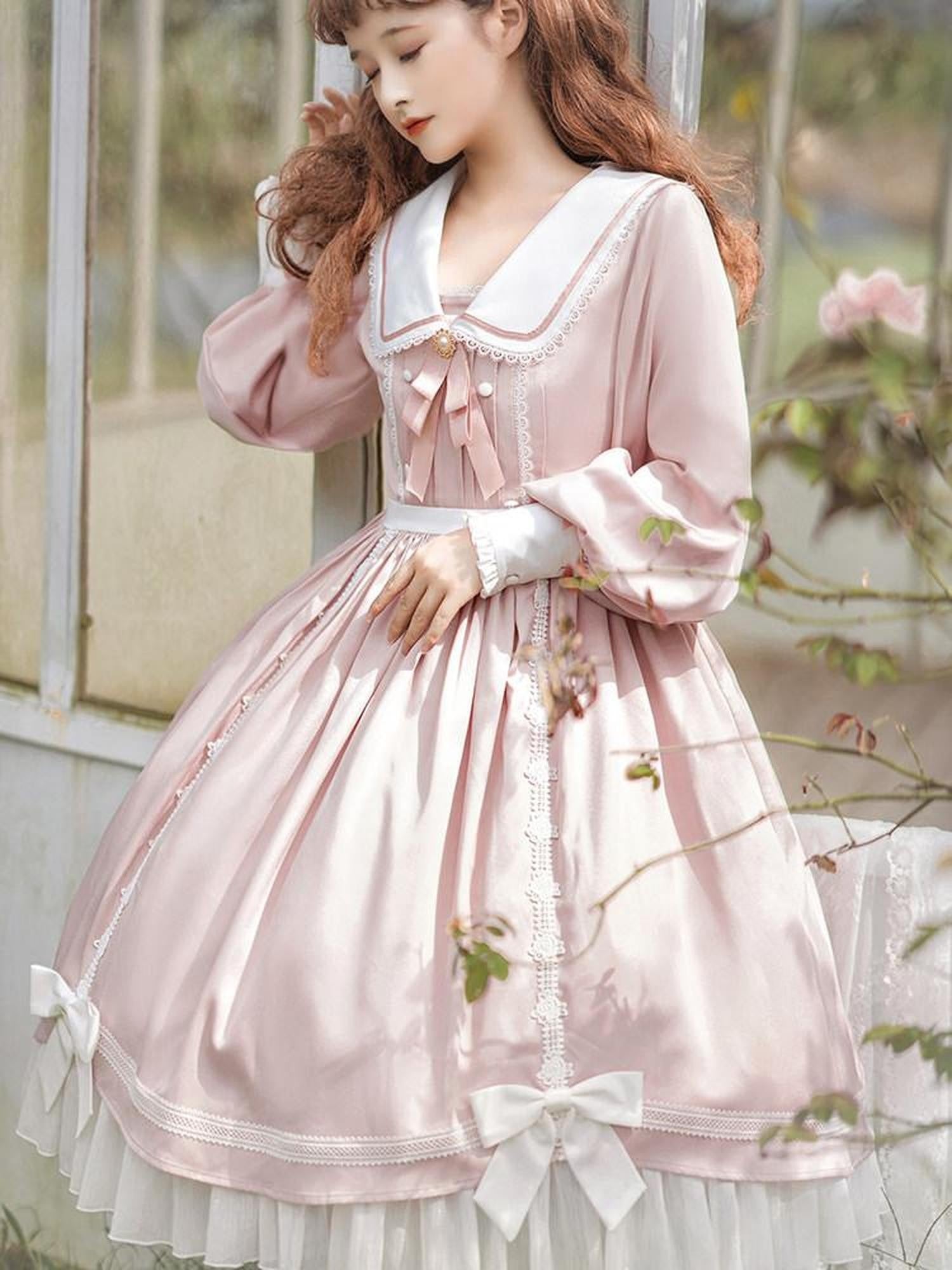 Sweet Promise Pink Princess A Line Bow Round Neck Button Women's Polyester Long Sleeve Op