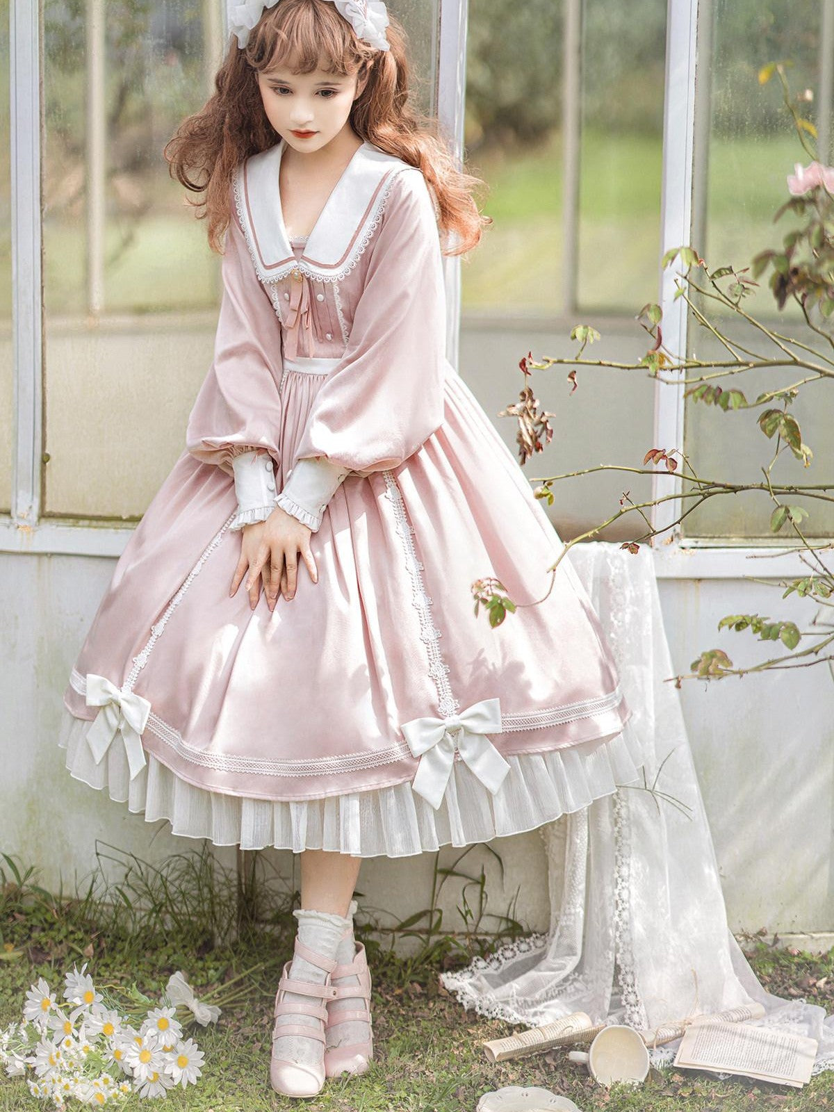 Sweet Promise Pink Princess A Line Bow Round Neck Button Women's Polyester Long Sleeve Op