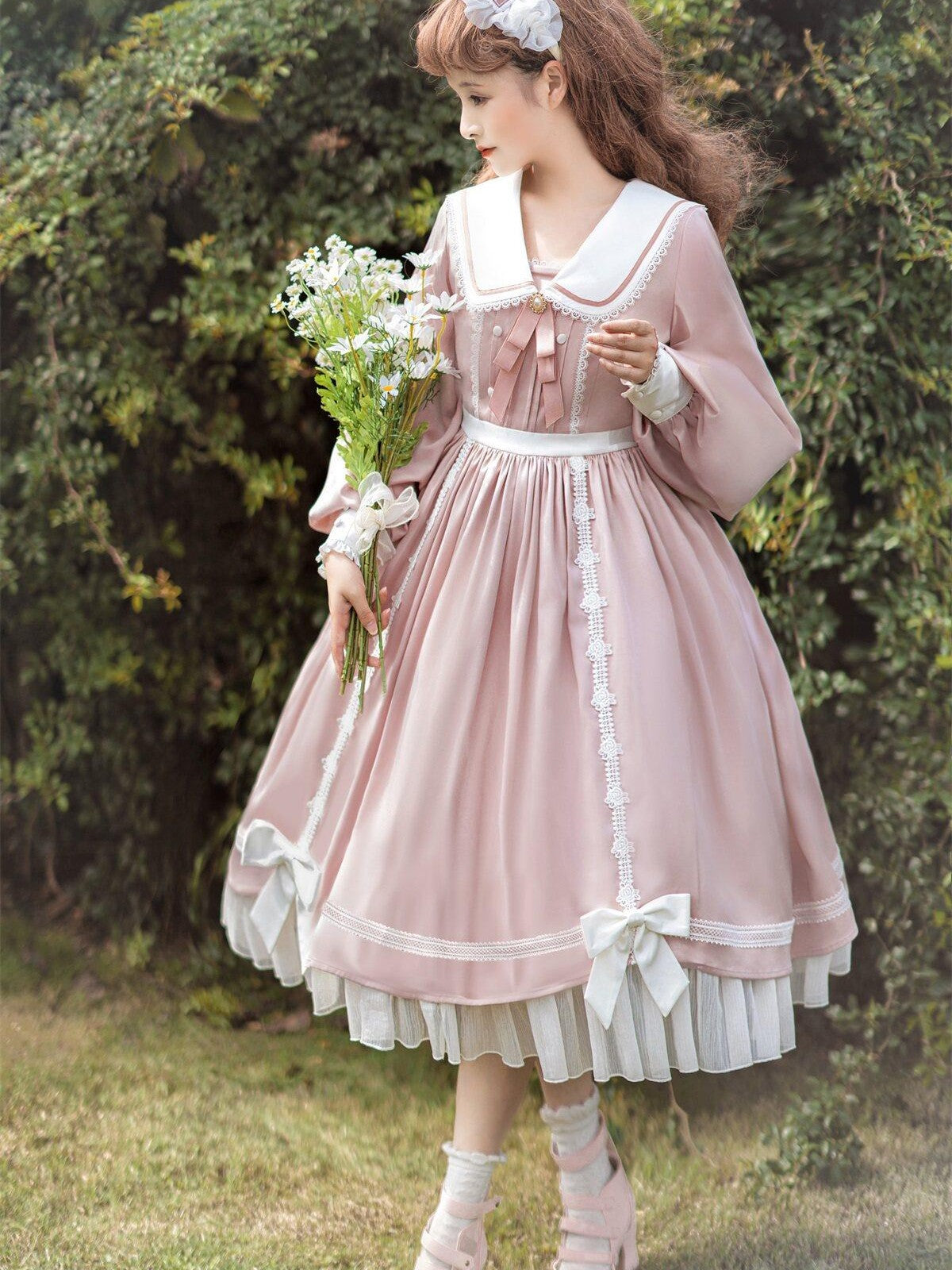 Sweet Promise Pink Princess A Line Bow Round Neck Button Women's Polyester Long Sleeve Op