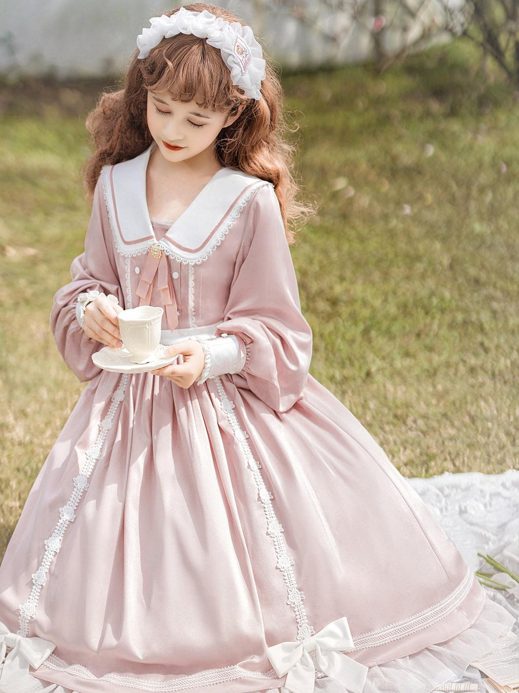 Sweet Promise Pink Princess A Line Bow Round Neck Button Women's Polyester Long Sleeve Op