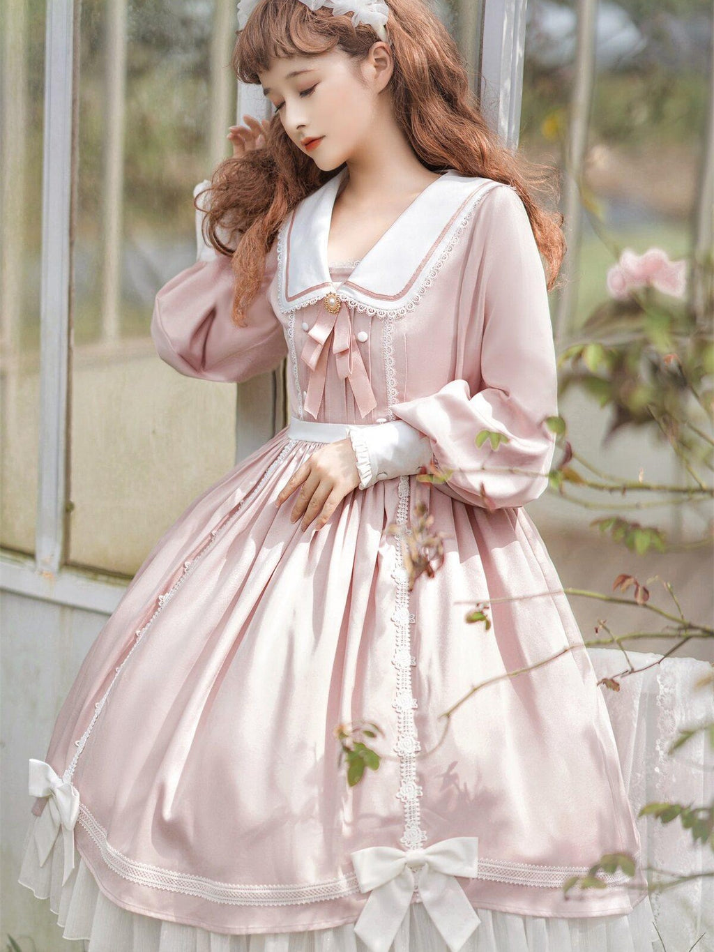 Sweet Promise Pink Princess A Line Bow Round Neck Button Women's Polyester Long Sleeve Op