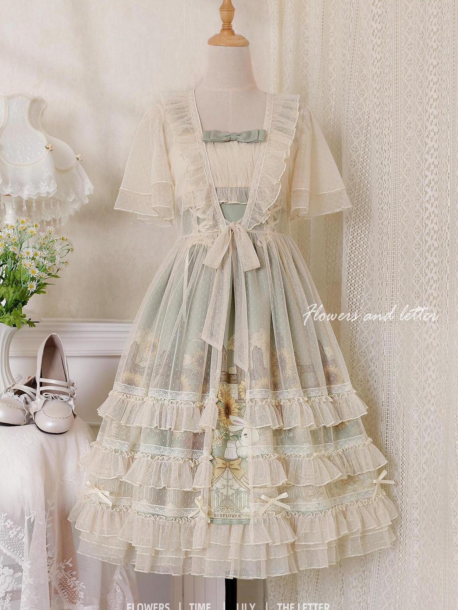 Sweet Promise Princess Rabbit Floral Lace V-neck Lolita Women's Tulle Jsk / Jumper Skirts