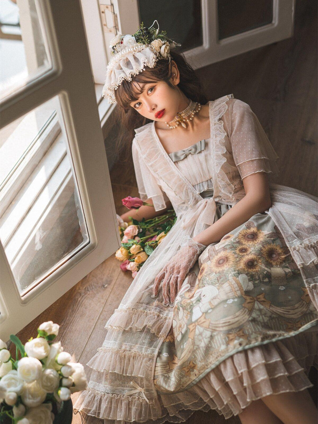 Sweet Promise Princess Rabbit Floral Lace V-neck Lolita Women's Tulle Jsk / Jumper Skirts