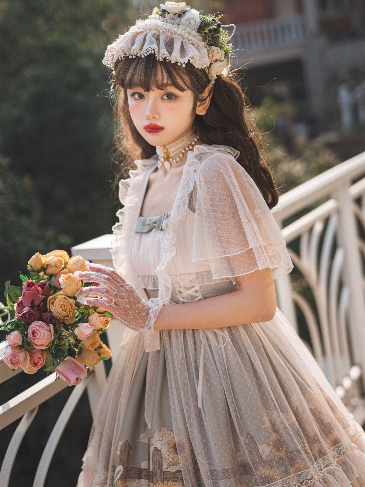 Sweet Promise Princess Rabbit Floral Lace V-neck Lolita Women's Tulle Jsk / Jumper Skirts