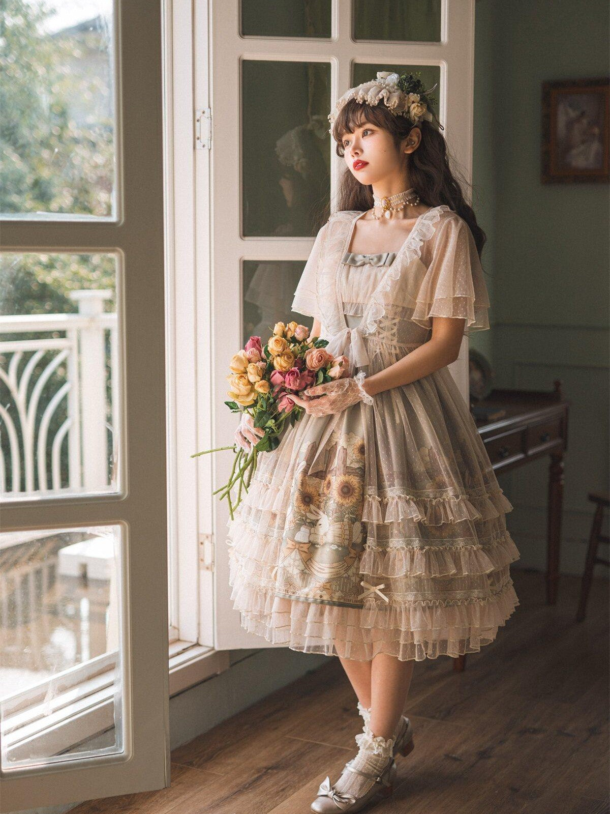 Sweet Promise Princess Rabbit Floral Lace V-neck Lolita Women's Tulle Jsk / Jumper Skirts