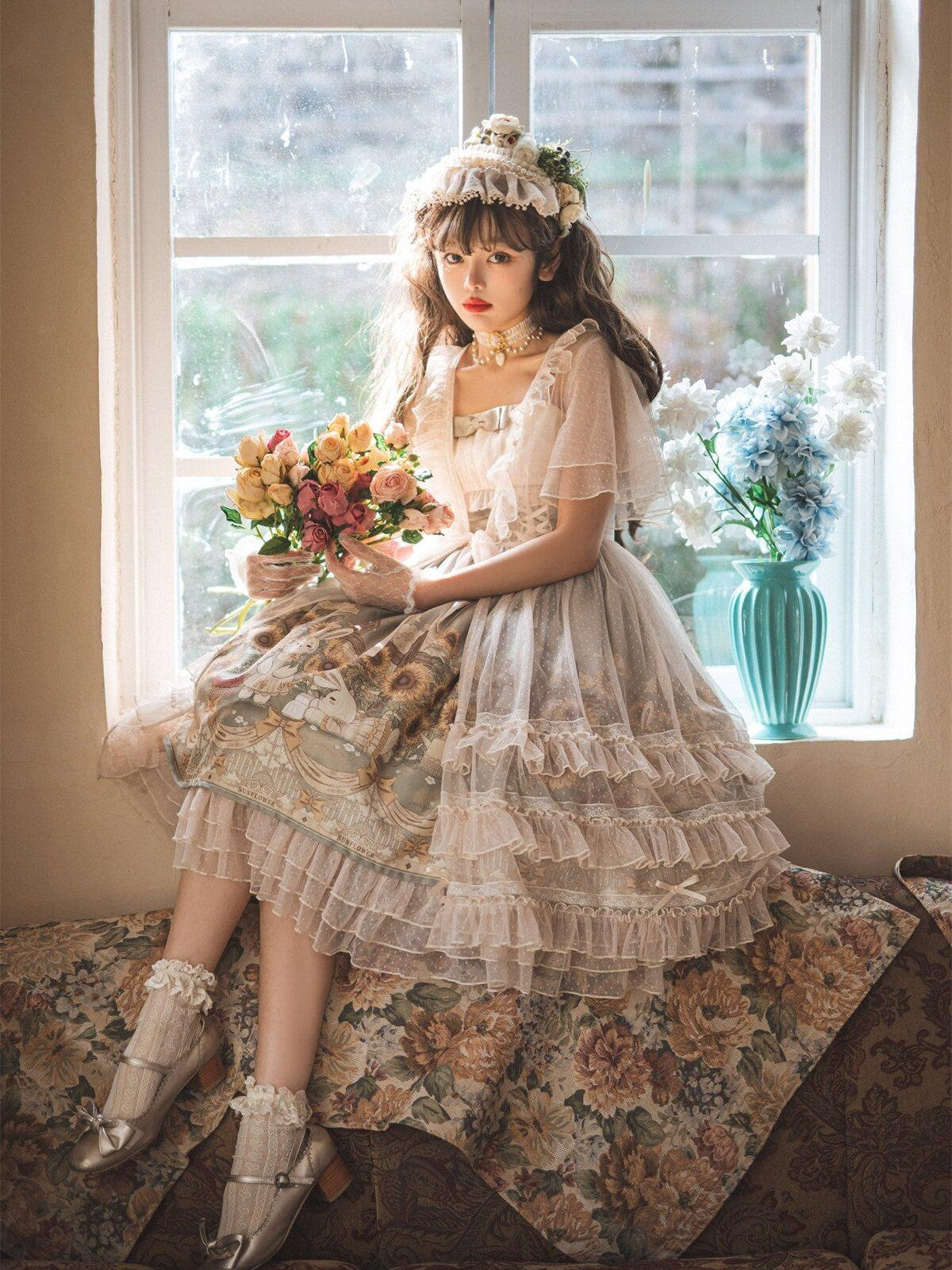 Sweet Promise Princess Rabbit Floral Lace V-neck Lolita Women's Tulle Jsk / Jumper Skirts