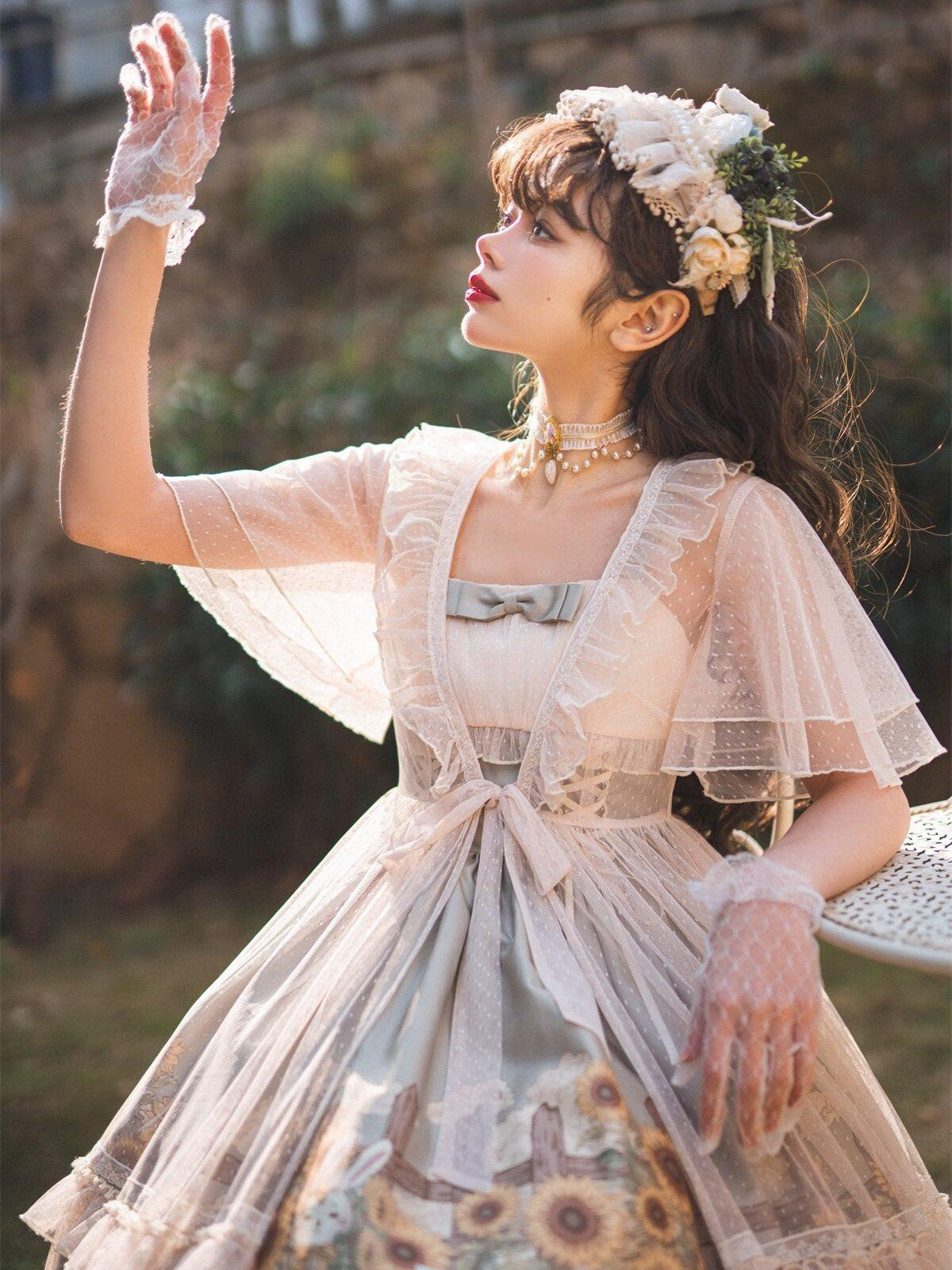 Sweet Promise Princess Rabbit Floral Lace V-neck Lolita Women's Tulle Jsk / Jumper Skirts