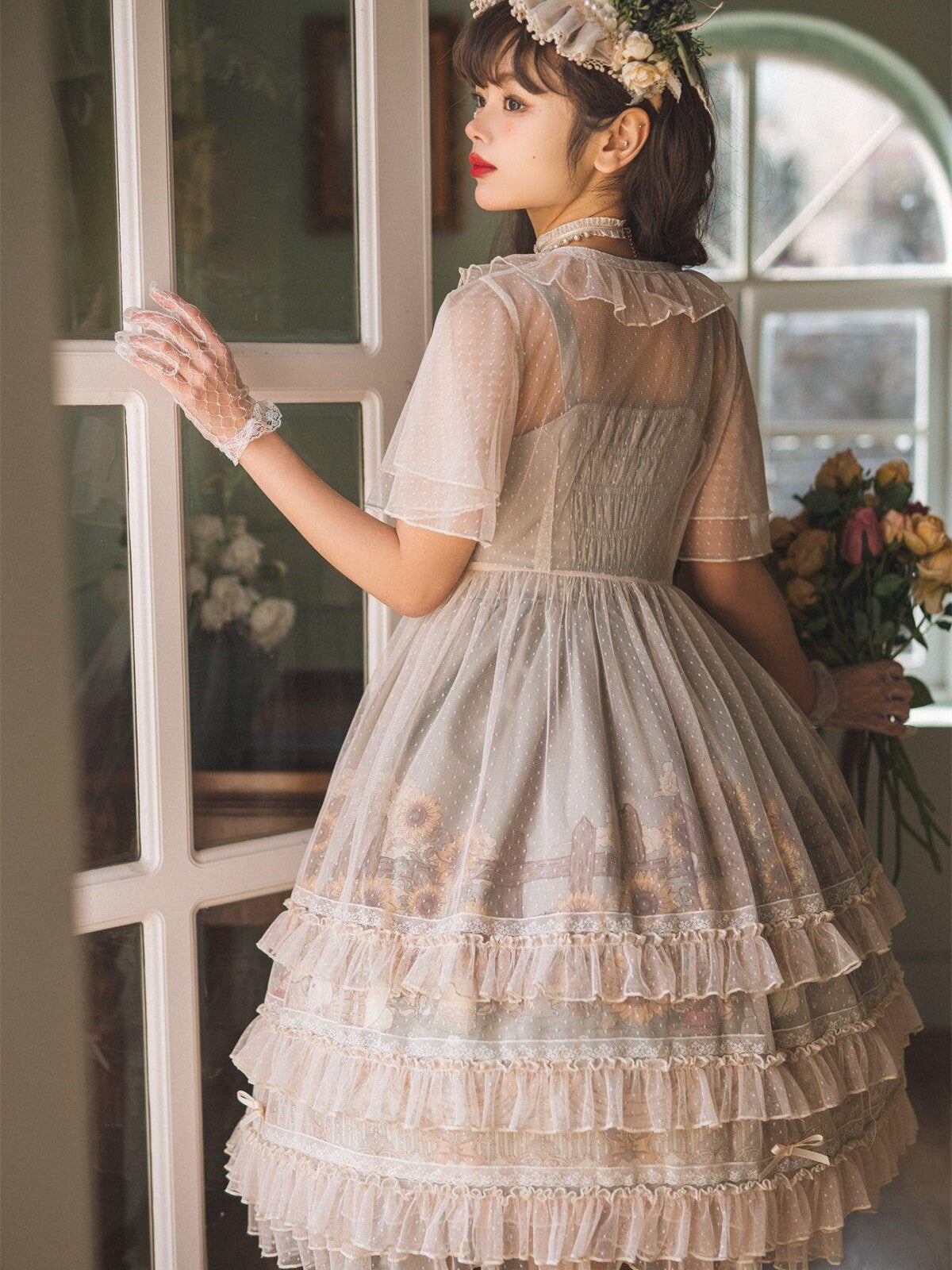 Sweet Promise Princess Rabbit Floral Lace V-neck Lolita Women's Tulle Jsk / Jumper Skirts