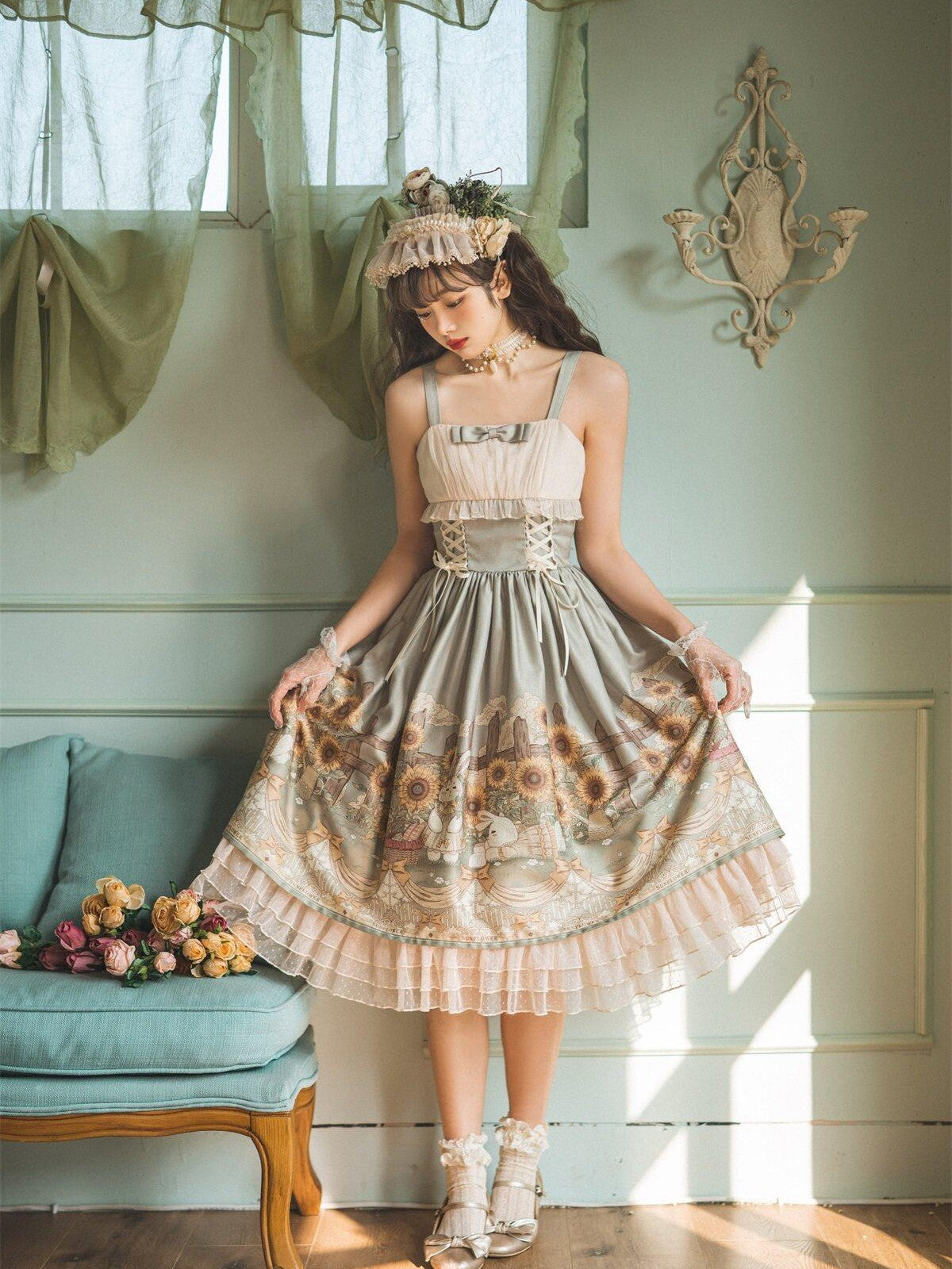 Sweet Promise Princess Rabbit Floral Lace V-neck Lolita Women's Tulle Jsk / Jumper Skirts