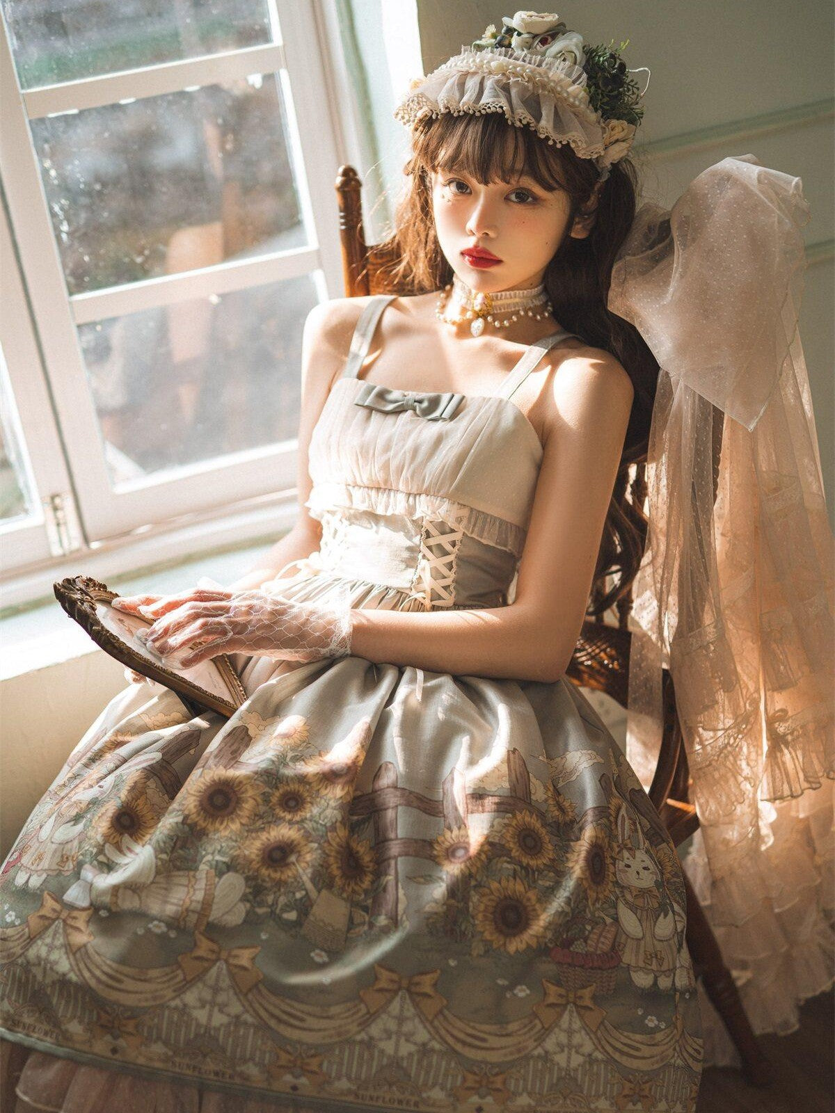 Sweet Promise Princess Rabbit Floral Lace V-neck Lolita Women's Tulle Jsk / Jumper Skirts