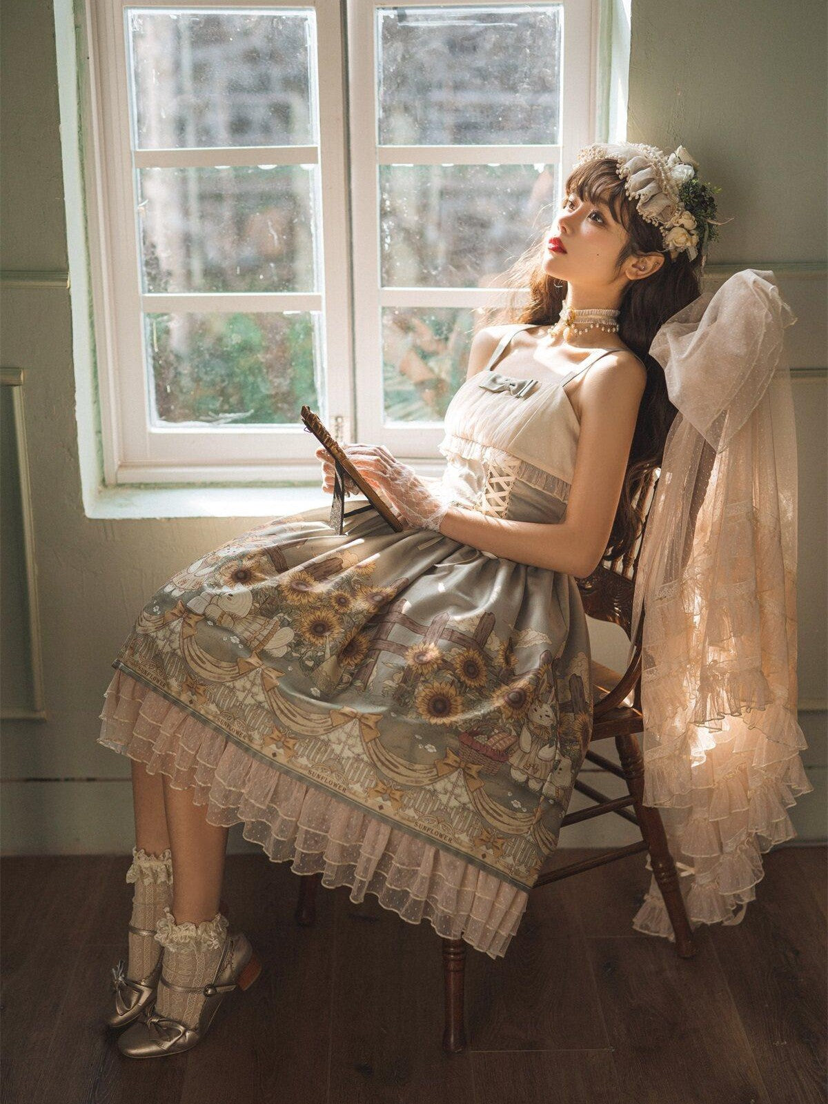 Sweet Promise Princess Rabbit Floral Lace V-neck Lolita Women's Tulle Jsk / Jumper Skirts