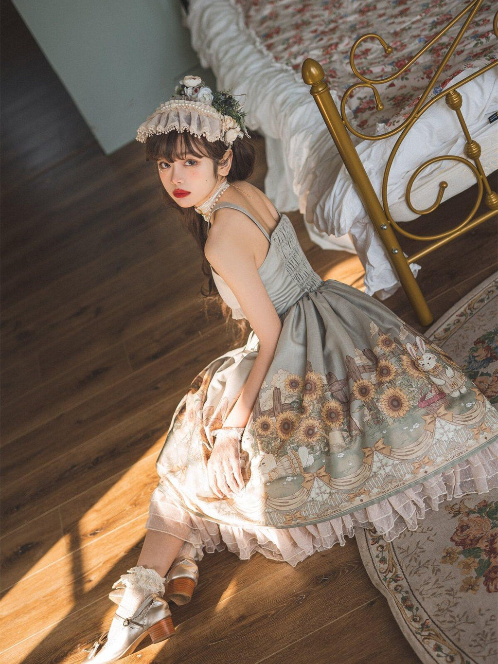 Sweet Promise Princess Rabbit Floral Lace V-neck Lolita Women's Tulle Jsk / Jumper Skirts
