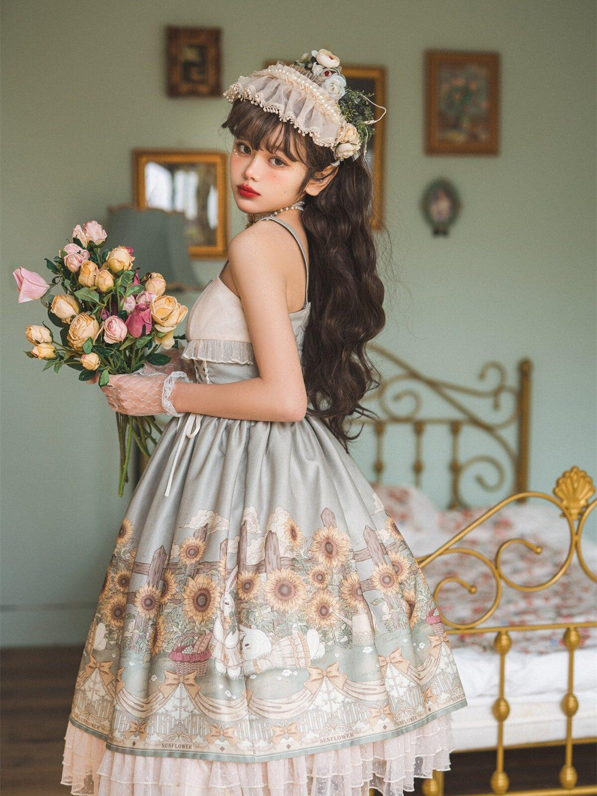 Sweet Promise Princess Rabbit Floral Lace V-neck Lolita Women's Tulle Jsk / Jumper Skirts