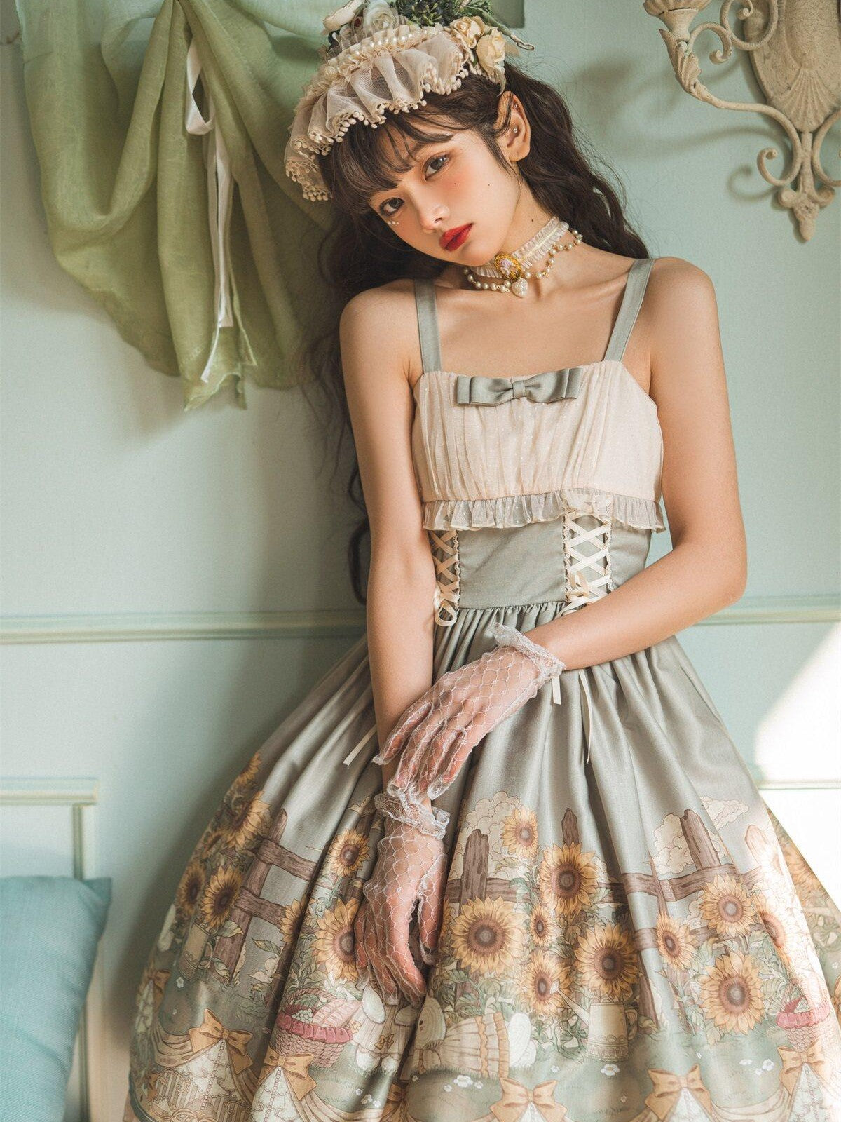 Sweet Promise Princess Rabbit Floral Lace V-neck Lolita Women's Tulle Jsk / Jumper Skirts